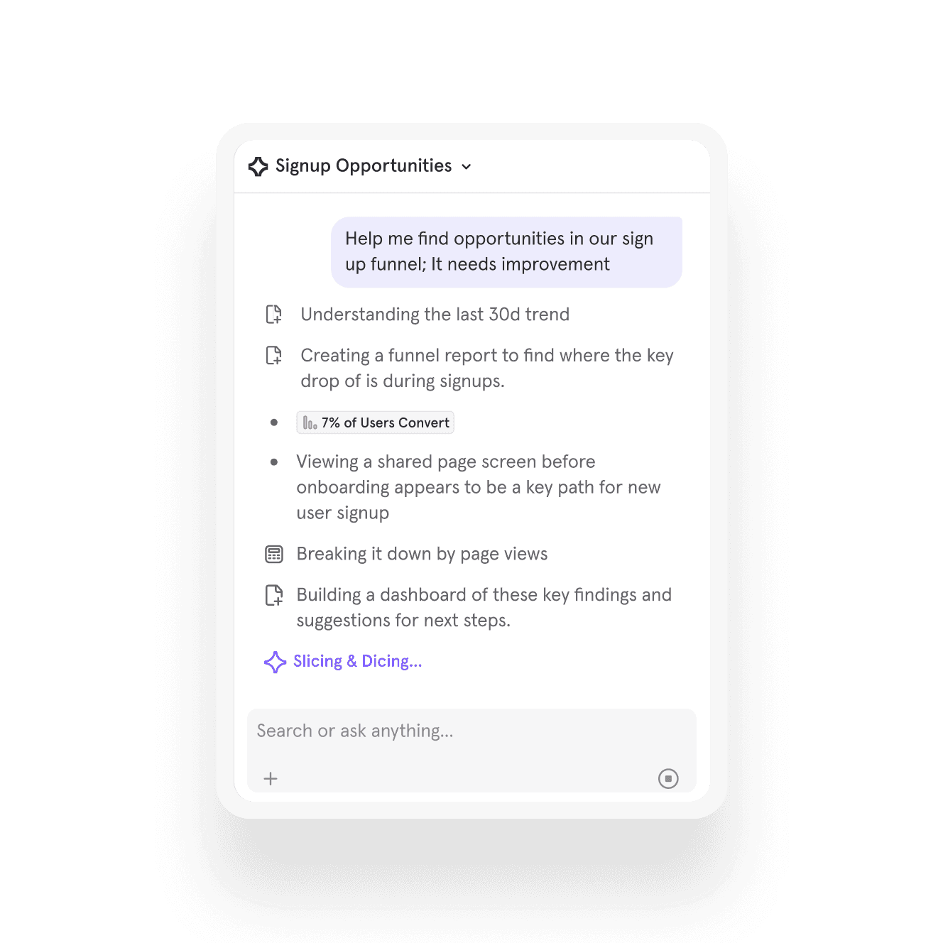 Mixpanel Experiment Agent UI builds an A/B test configuration with population controls and instant analysis of results using product analytics and behavioral analytics data.