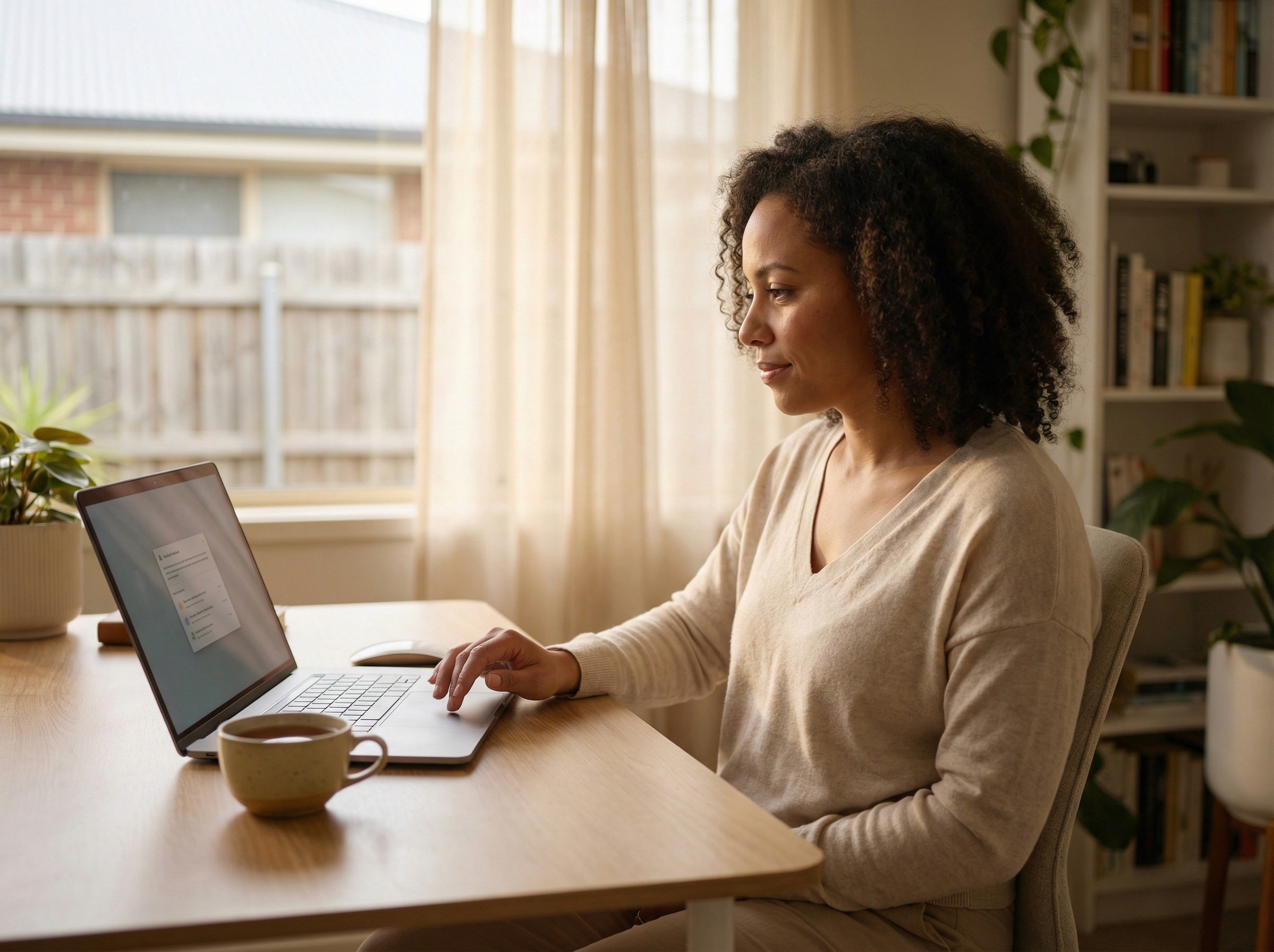 A compliance manager in her late 30s sitting at a desk in a bright, quiet home office on a weekday morning, reading something on her laptop screen with an expression of calm attentiveness — the look of someone absorbing new information that is relevant but not urgent. On screen, a notification-style panel with a summary block and a short list of items is faintly visible but not legible. She has a cup of tea beside her and is still in the early part of her day — no clutter, no open documents, no sign of reactive scrambling.