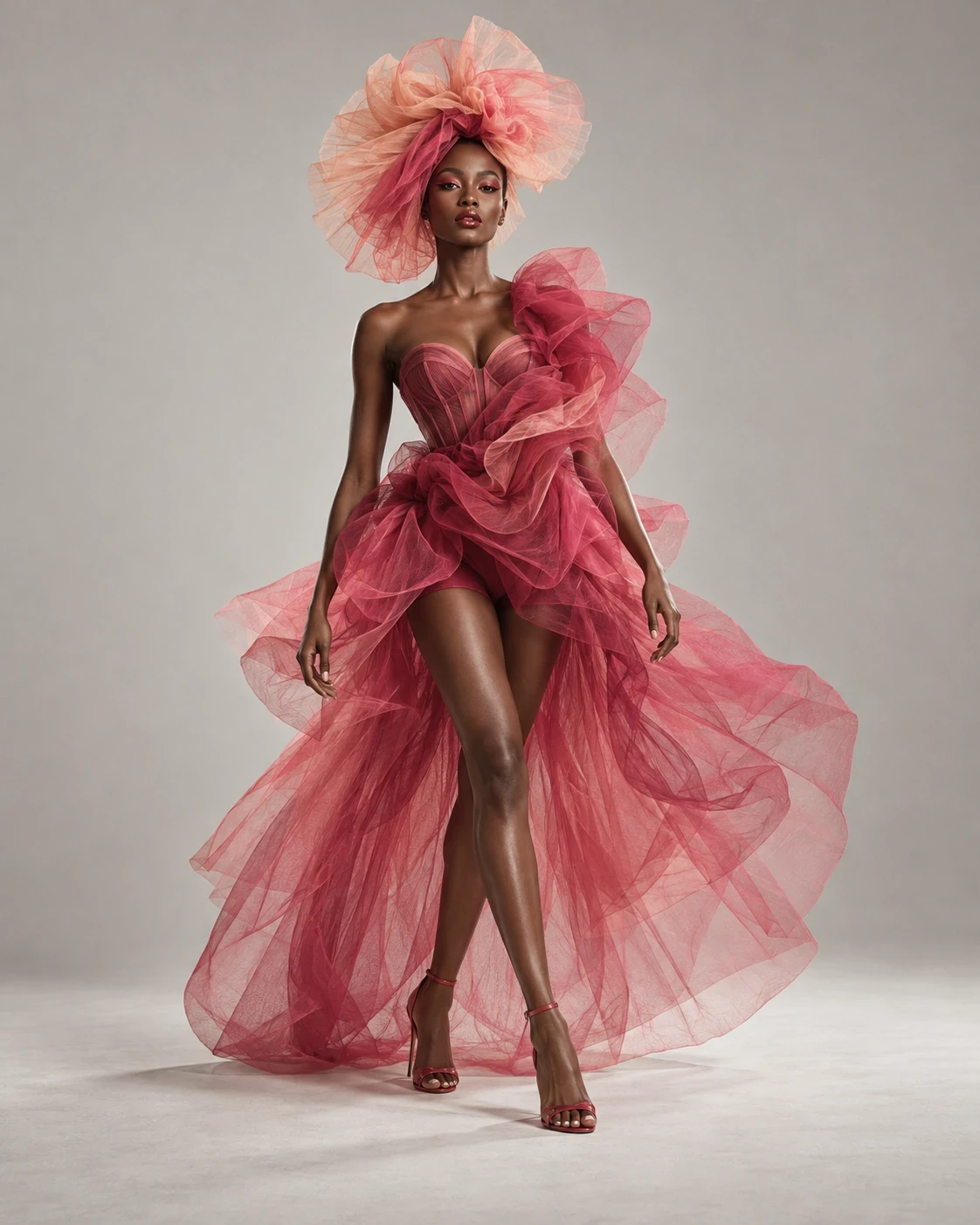 Full-length fashion portrait in flowing raspberry and apricot tulle with a matching headpiece