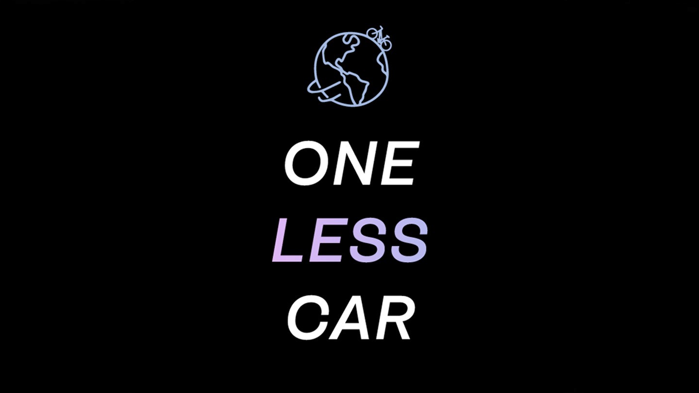 "One Less Car" campaign graphic using bold typography and high-contrast design to promote cycling culture and sustainable transport through the Uprise brand