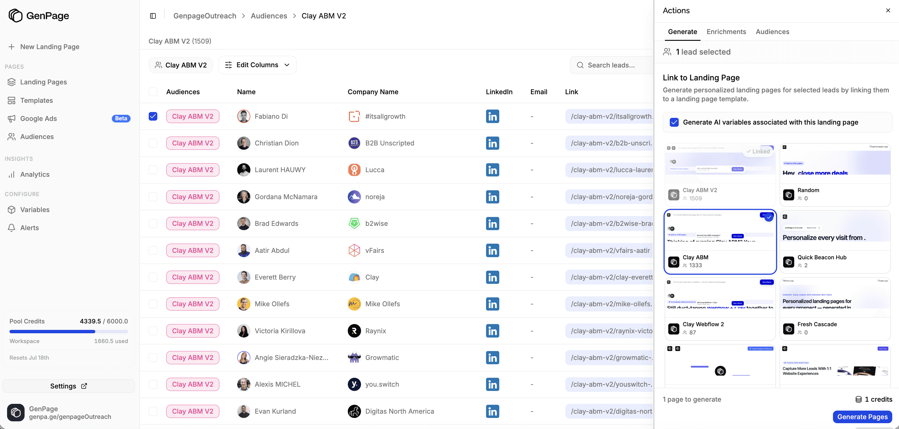 GenPage bulk ABM page generation — 100 personalized pages from a lead list in minutes