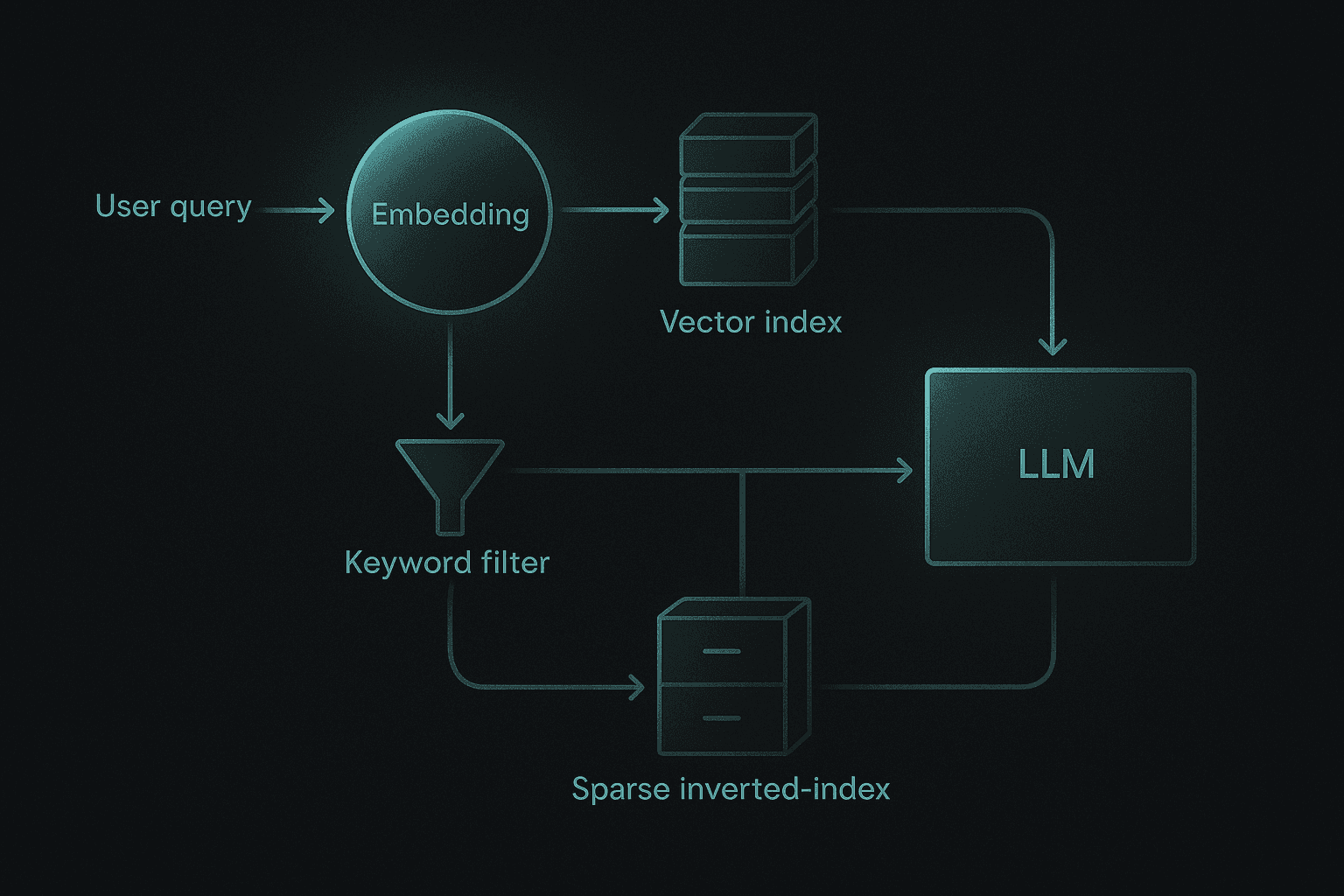 Flow diagram of hybrid retrieval combining dense and sparse search paths before reaching an LLM