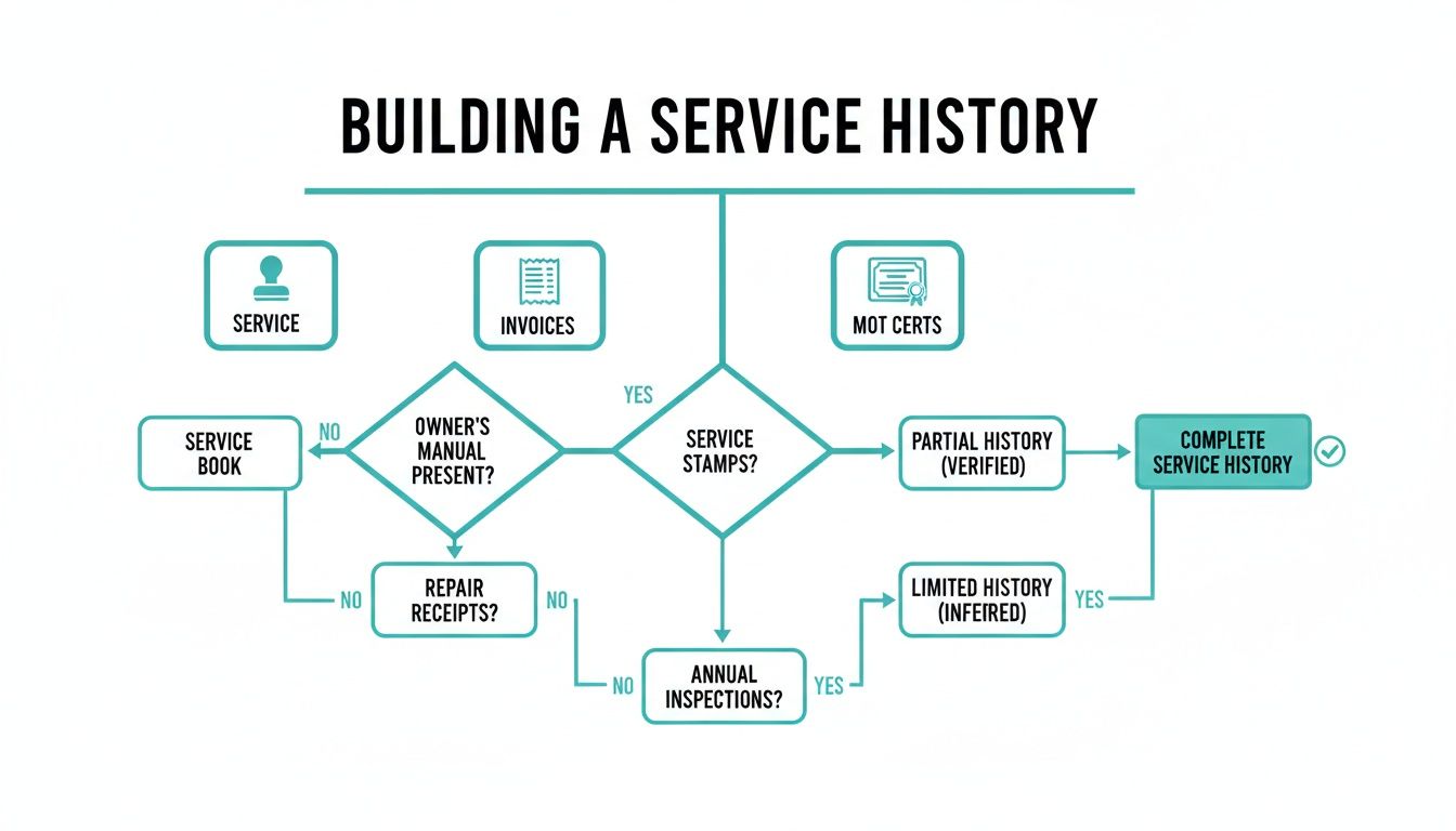 Flowchart illustrating how to build a car's service history using documents like invoices and MOT certs.