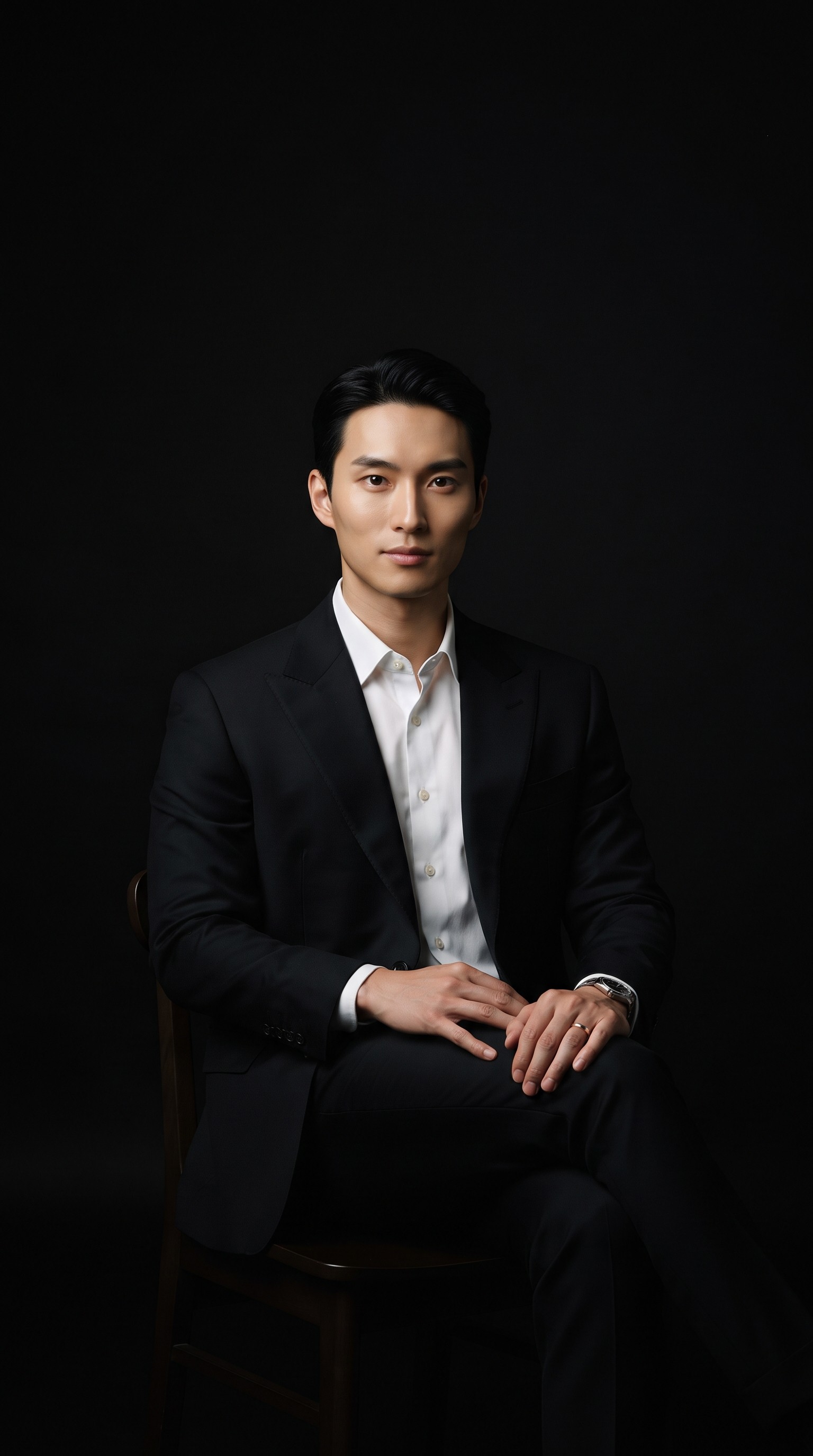 Young Asian man with a clean shave and plain black suit