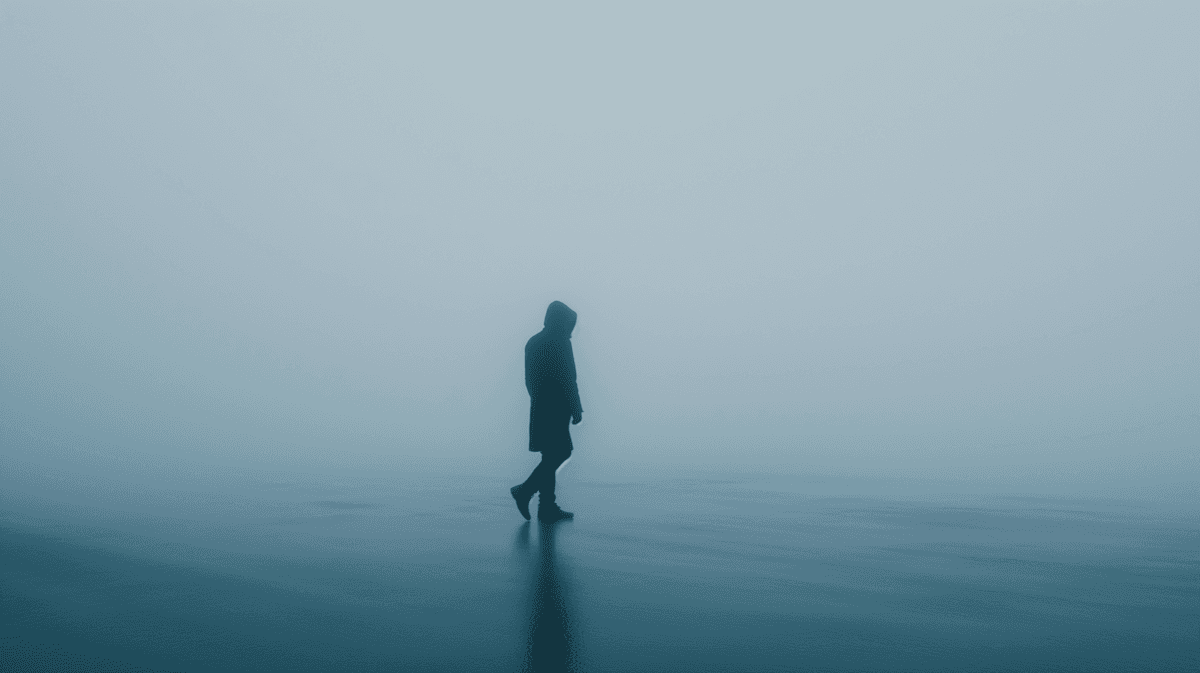 A lone figure in a hooded coat walks through a foggy, desolate landscape, evoking solitude and mystery in muted blue-gray tones.
