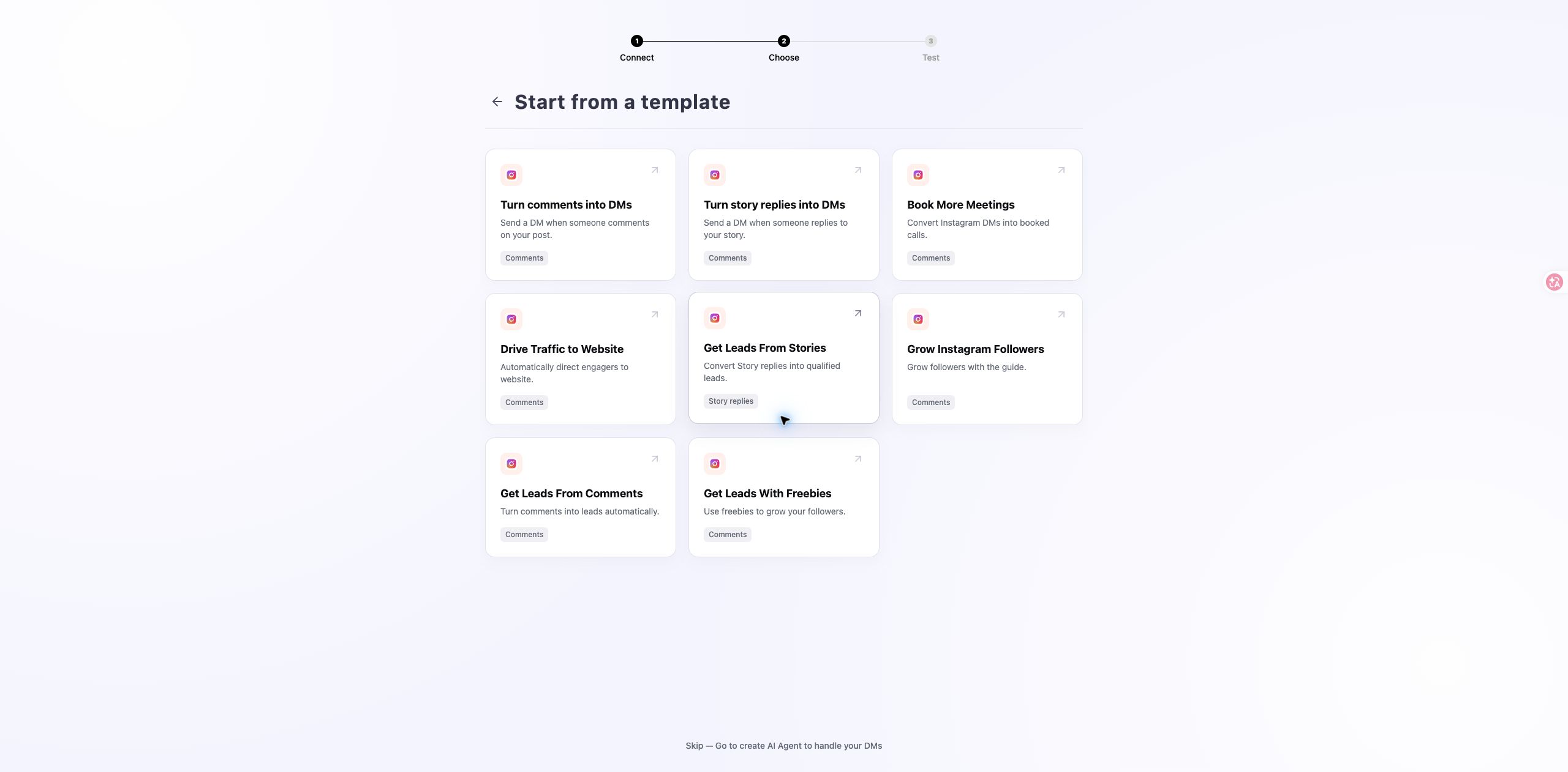 Dealism template selection interface