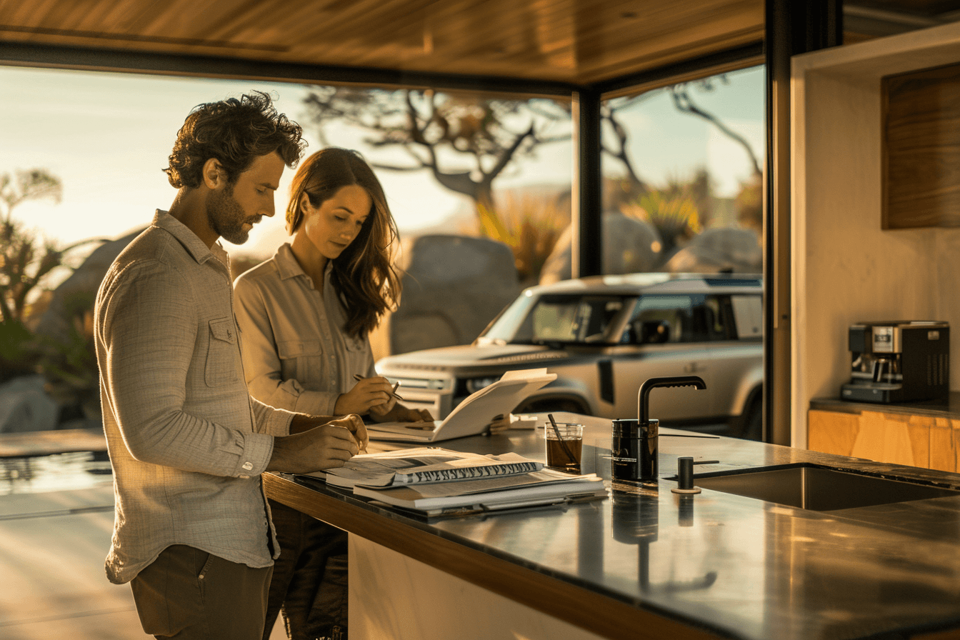 alifornia couple reviewing vehicle paperwork at home with luxury SUV in driveway"