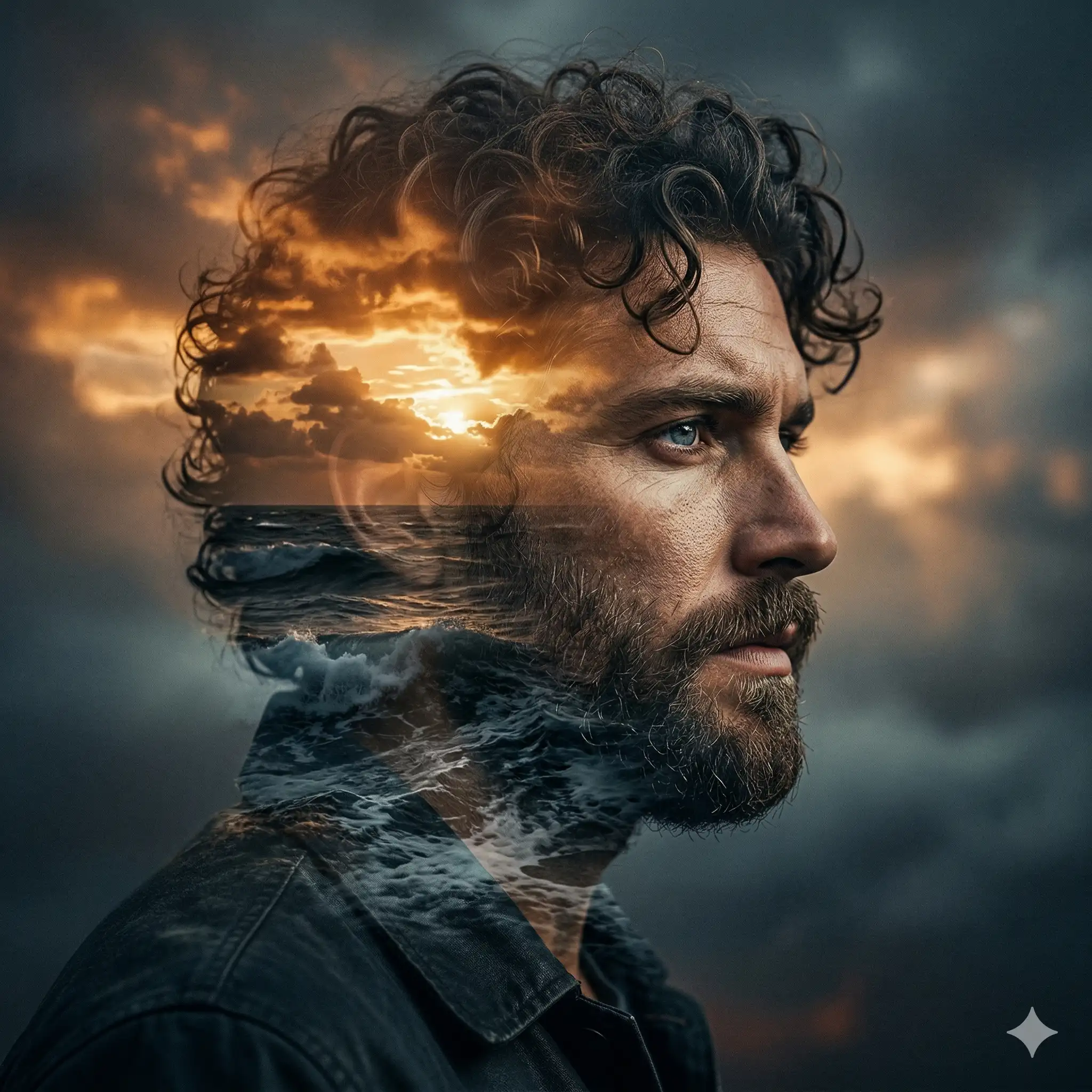 AI-generated double exposure portrait of a bearded man seamlessly blended with a turbulent ocean and a dramatic cloudy sunset sky. Created for the AI image generation portfolio of Mahendra R.