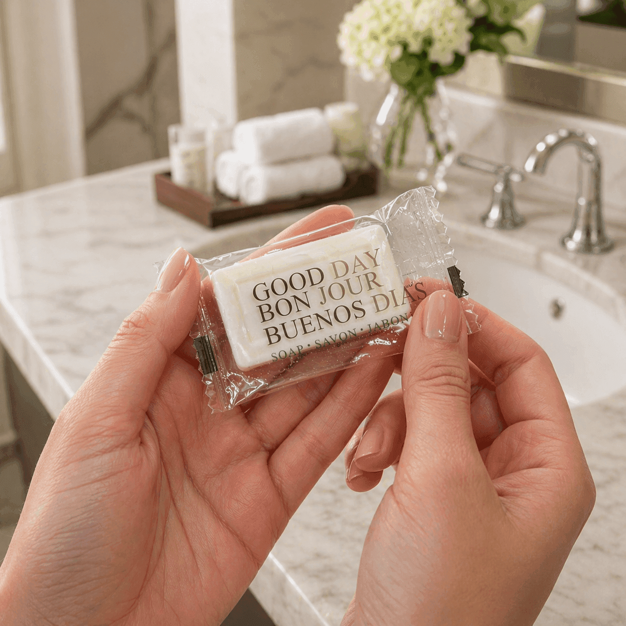 Transmacro Good Day soap bar in multilingual packaging held in a model hand with soft lighting and clean minimal background for a premium lifestyle presentation