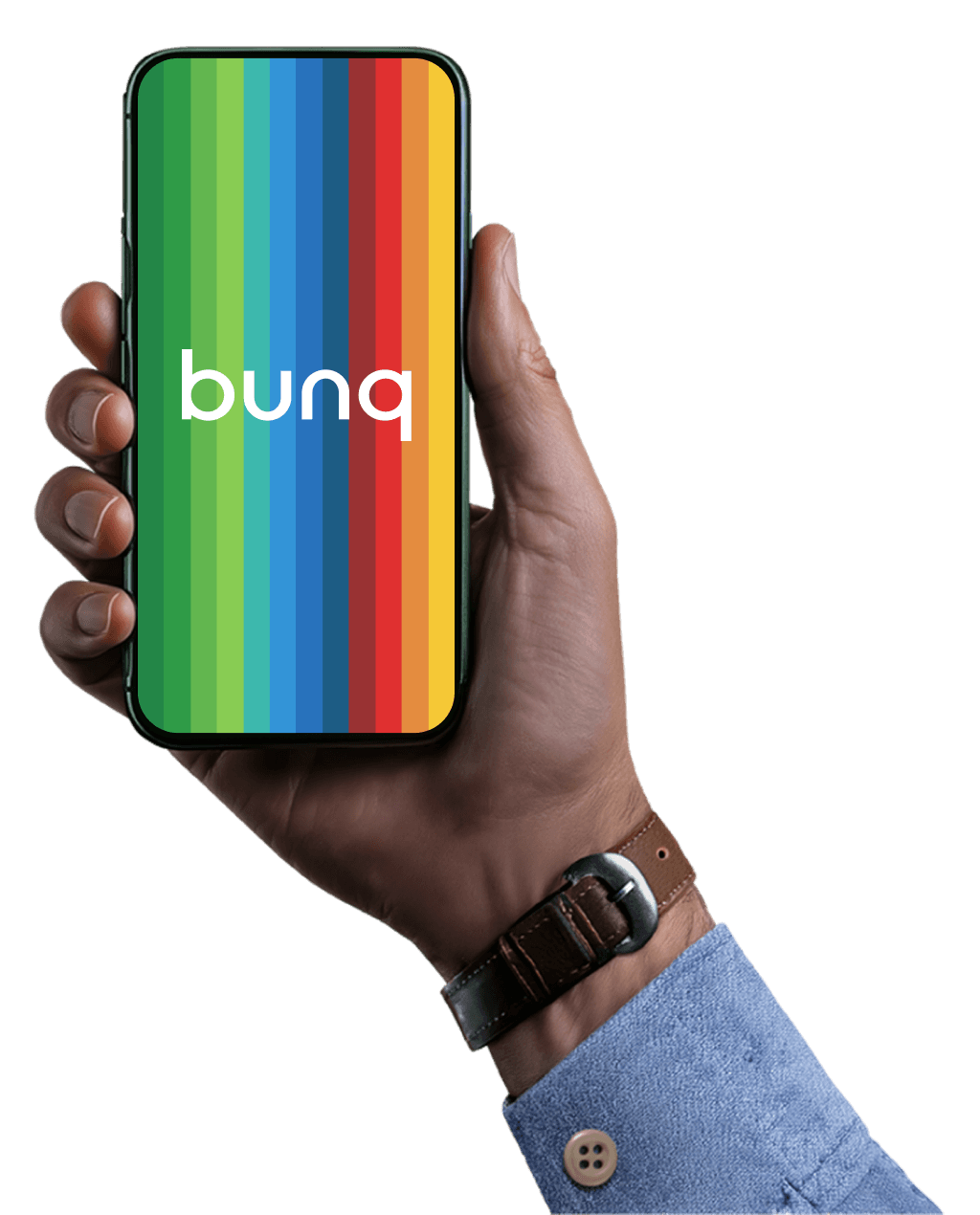Een hand die een smartphone vasthoudt met een kleurrijk app-logo en het woord "bunq" op het scherm.
