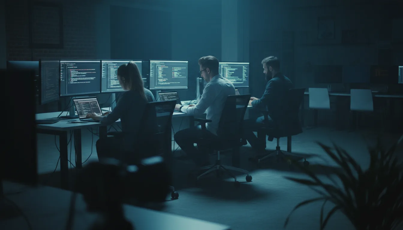DSLR photograph of three young tech professionals working intently on laptops and monitors in a modern office. The scene is illuminated by a cool, moody, cinematic cyan ambient light, creating deep shadows. Medium shot with a shallow depth of field, focused on a row of employees, with a blurred dark object in the extreme foreground creating a layered, observational perspective.