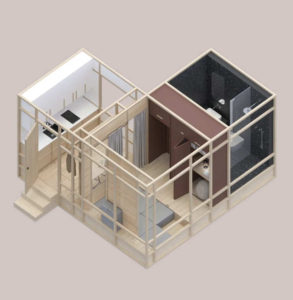 Isometric architectural diagram of modern apartment interior showing spatial layout and furniture arrangement