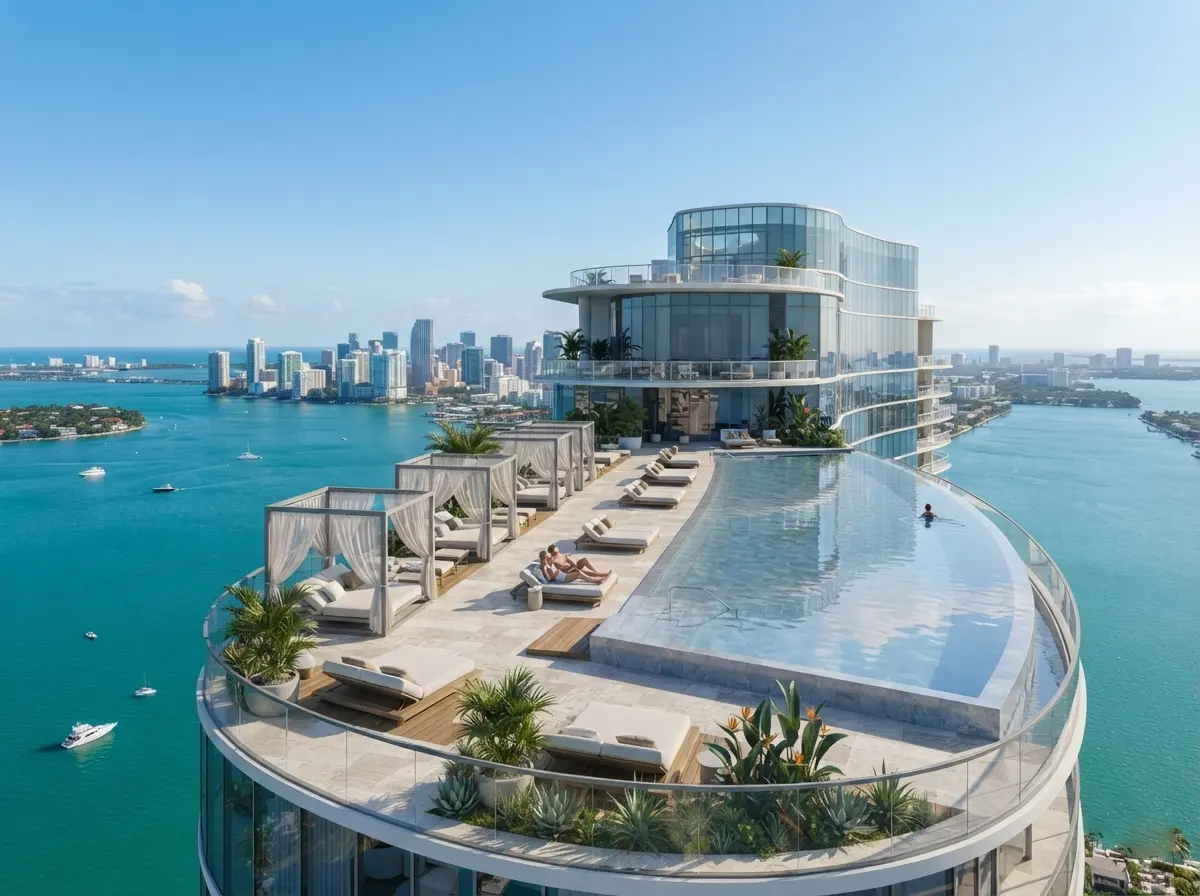 Aerial view of a luxury high-rise rooftop featuring an infinity pool, private cabanas, lounge seating, and panoramic ocean and city skyline views