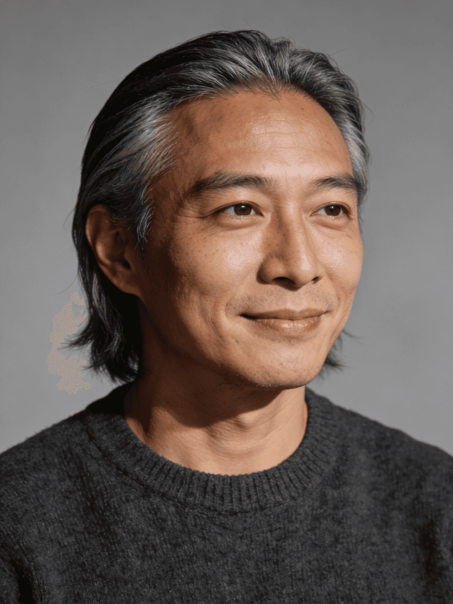 A middle-aged person with salt-and-pepper hair and a calm expression poses against a neutral gray background, wearing a dark gray sweater, conveying a sense of tranquility and poise.