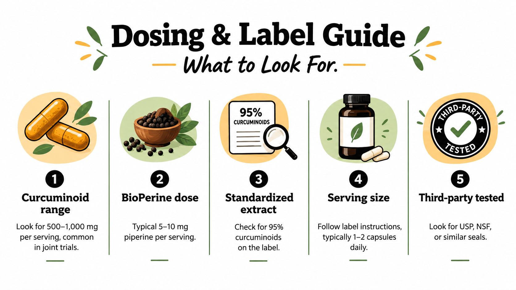 A five-step dosing and label guide for choosing high-quality turmeric curcumin and BioPerine supplements.