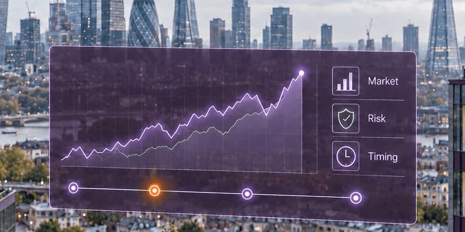 Energy market chart showing price trends, risk and procurement timing over the London skyline.