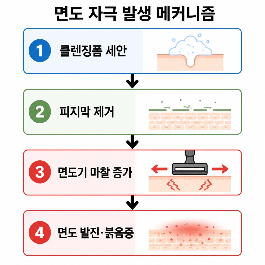 클렌징폼 세안 후 면도 시 자극이 생기는 4단계 메커니즘 인포그래픽 (피지막 제거에서 면도 발진까지)