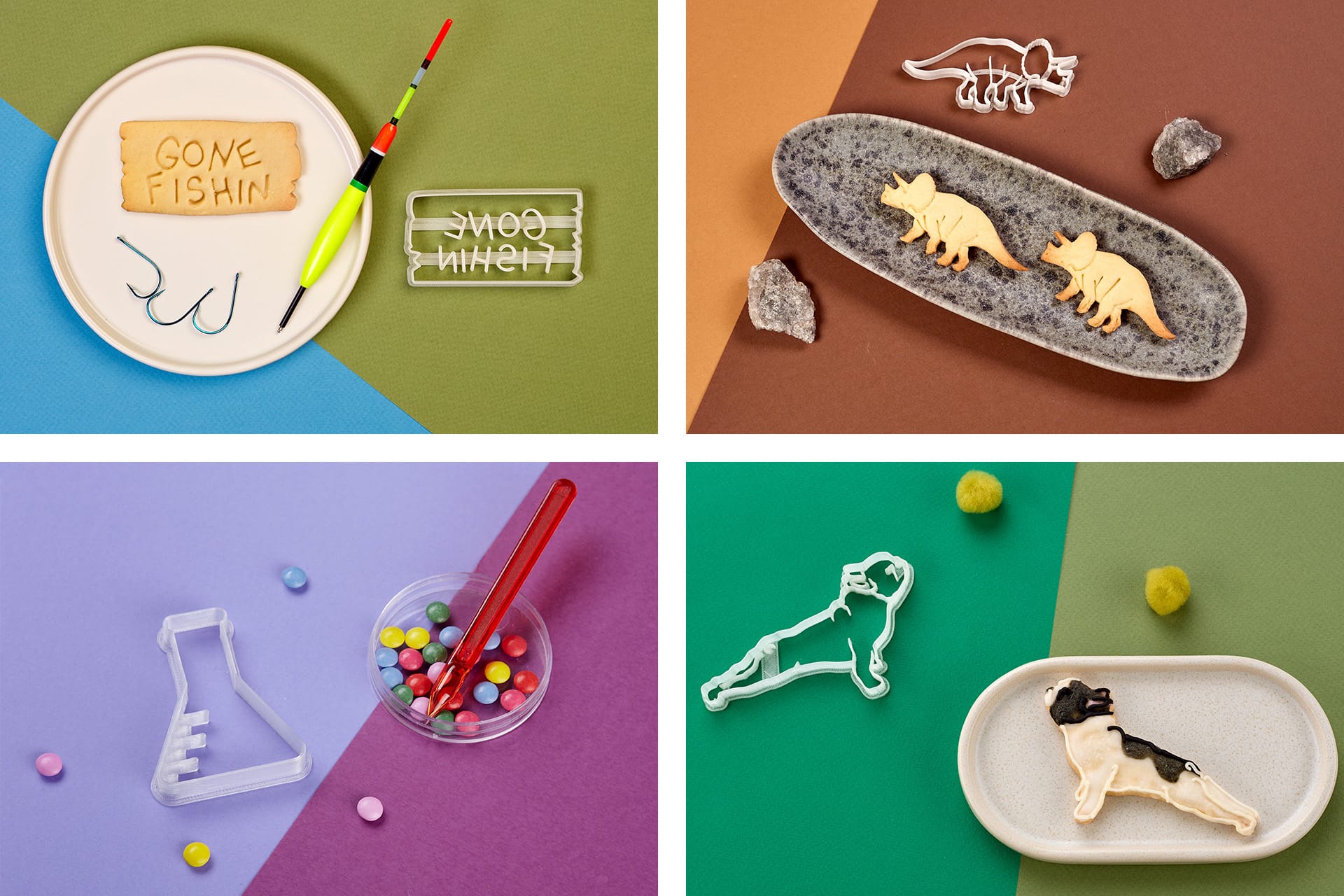 Ten obrazek przedstawia cztery zestawy starannie ułożonych ciasteczek w unikalnych kształtach dinozaurów i motywów wędkarskich, psów oraz kolb erlenmeyera, stworzonych przy użyciu wykrawaczek do ciastek Biocraftlab, na kolorowych tłach z dekoracyjnymi kamykami i słodyczami.