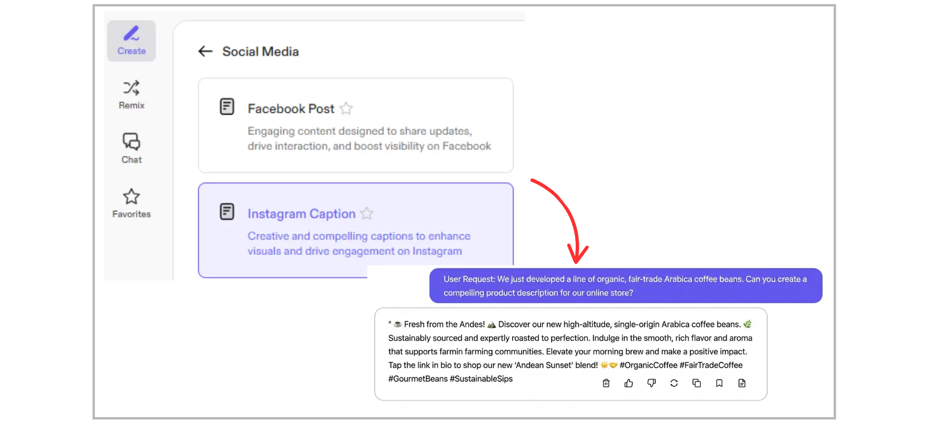 Jasper AI dashboard showing Instagram caption generator with prompt and sample outpu