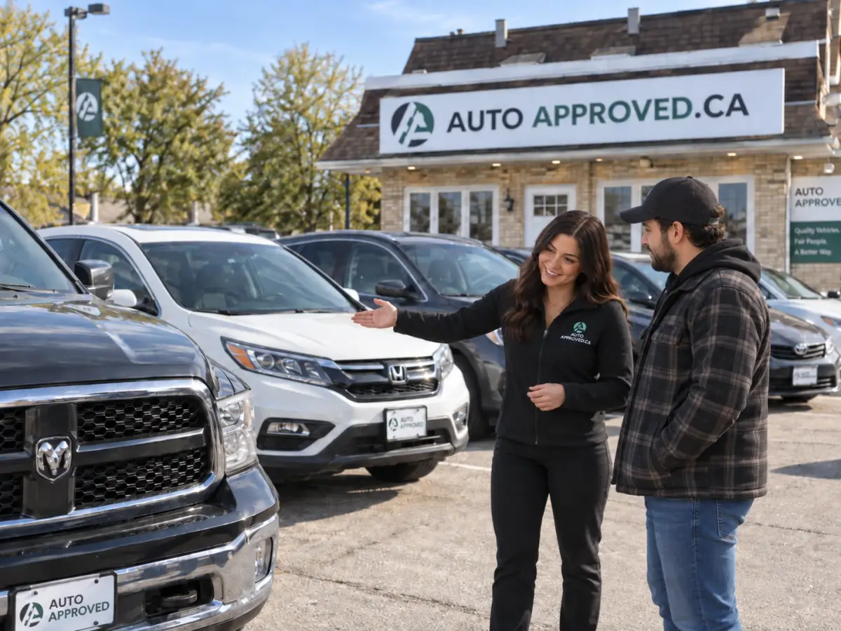An Auto Approved salesperson showing a customer vehicles on the Winnipeg lot