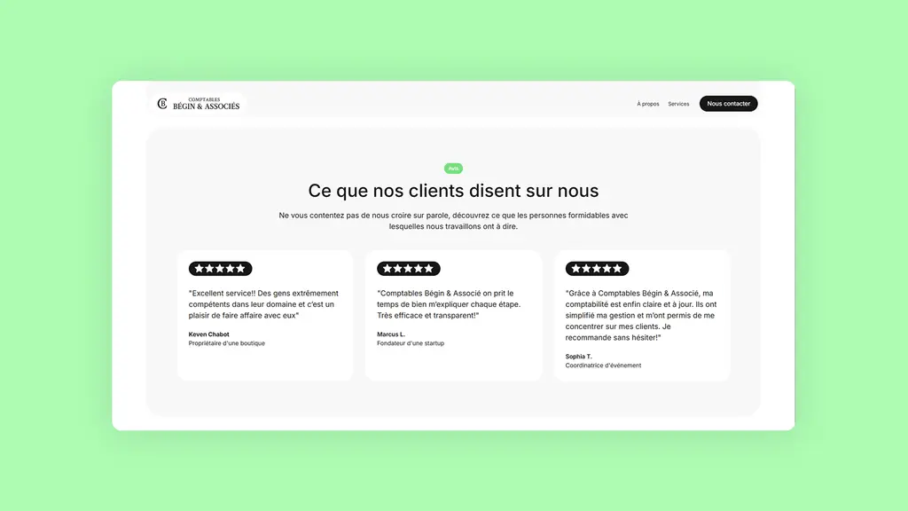 Section témoignages du site Comptables Bégin & Associés — avis 5 étoiles de clients satisfaits dont un propriétaire de boutique, un fondateur de startup et une coordinatrice d'événement