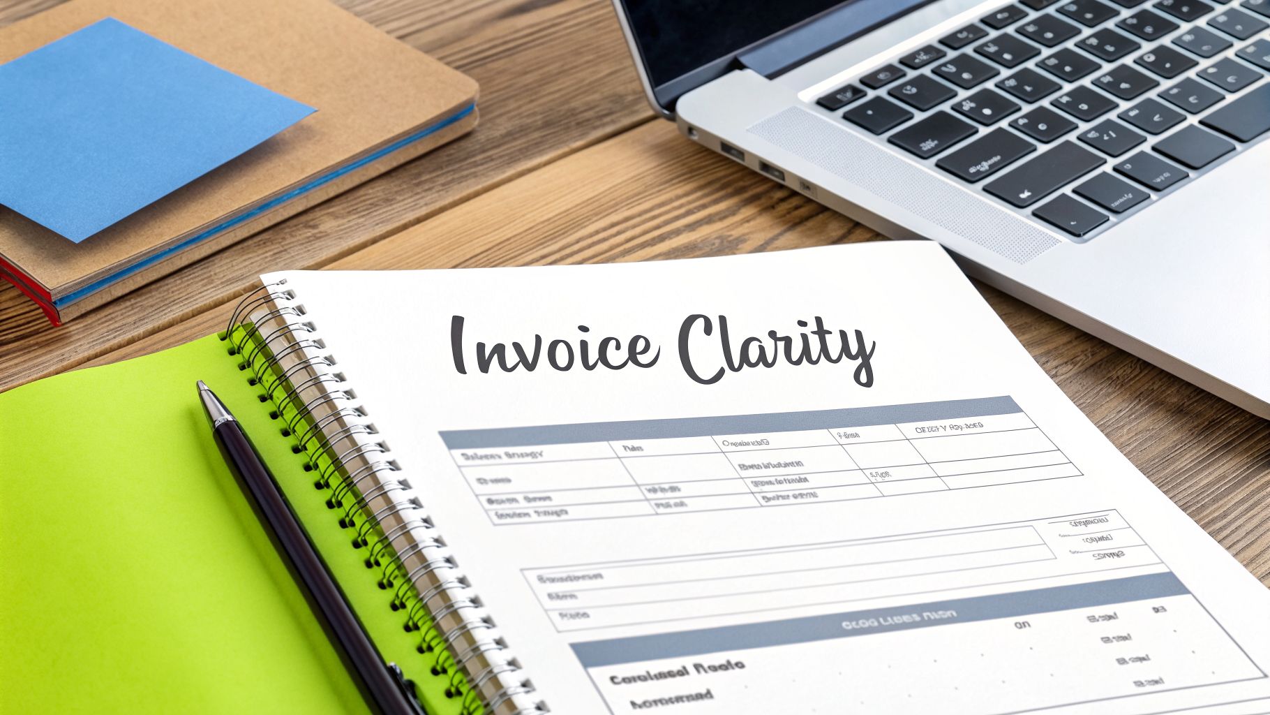 A desk setup with a laptop, notebooks, and a document displaying 'Invoice Clarity' for better understanding.