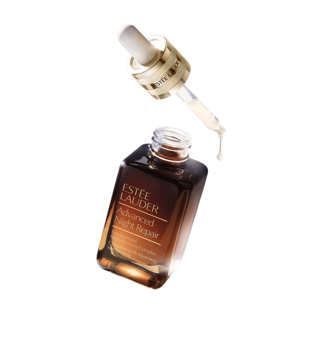 Luxury anti-aging night repair serum with open dropper bottle