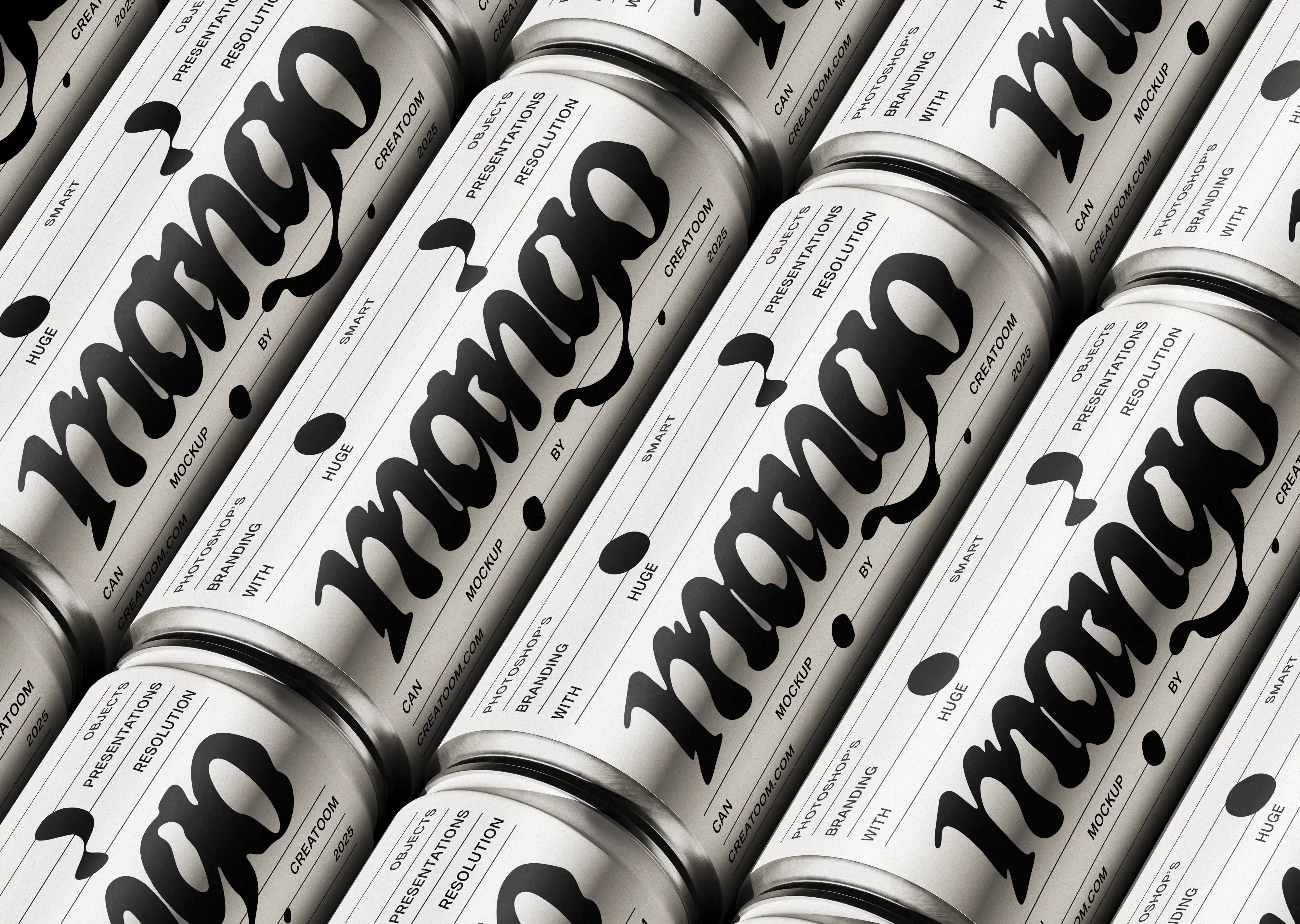 Repeating grid of cans with large expressive black typography on white labels