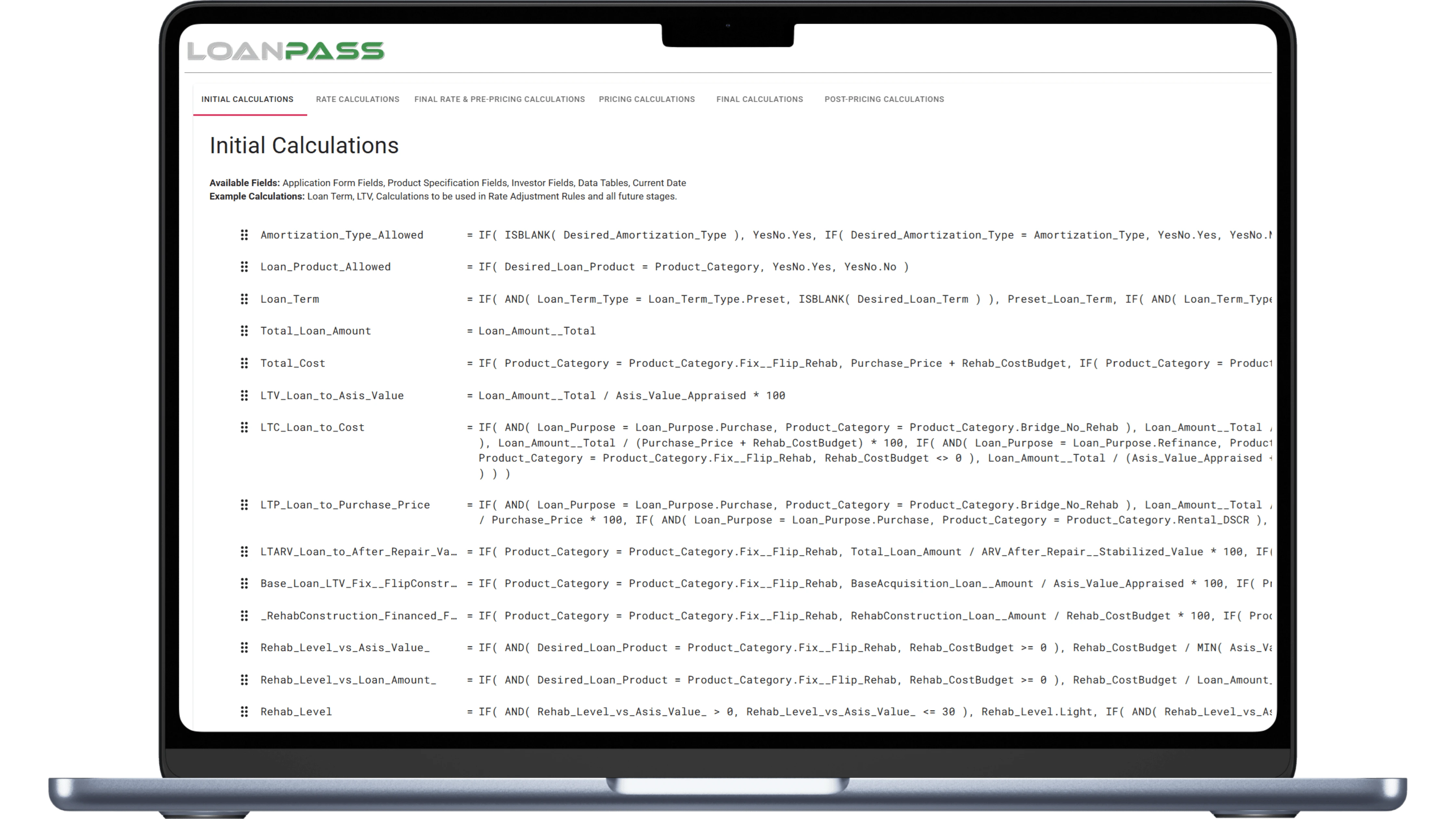 Laptop displaying the Initial Calculations page for LoanPASS