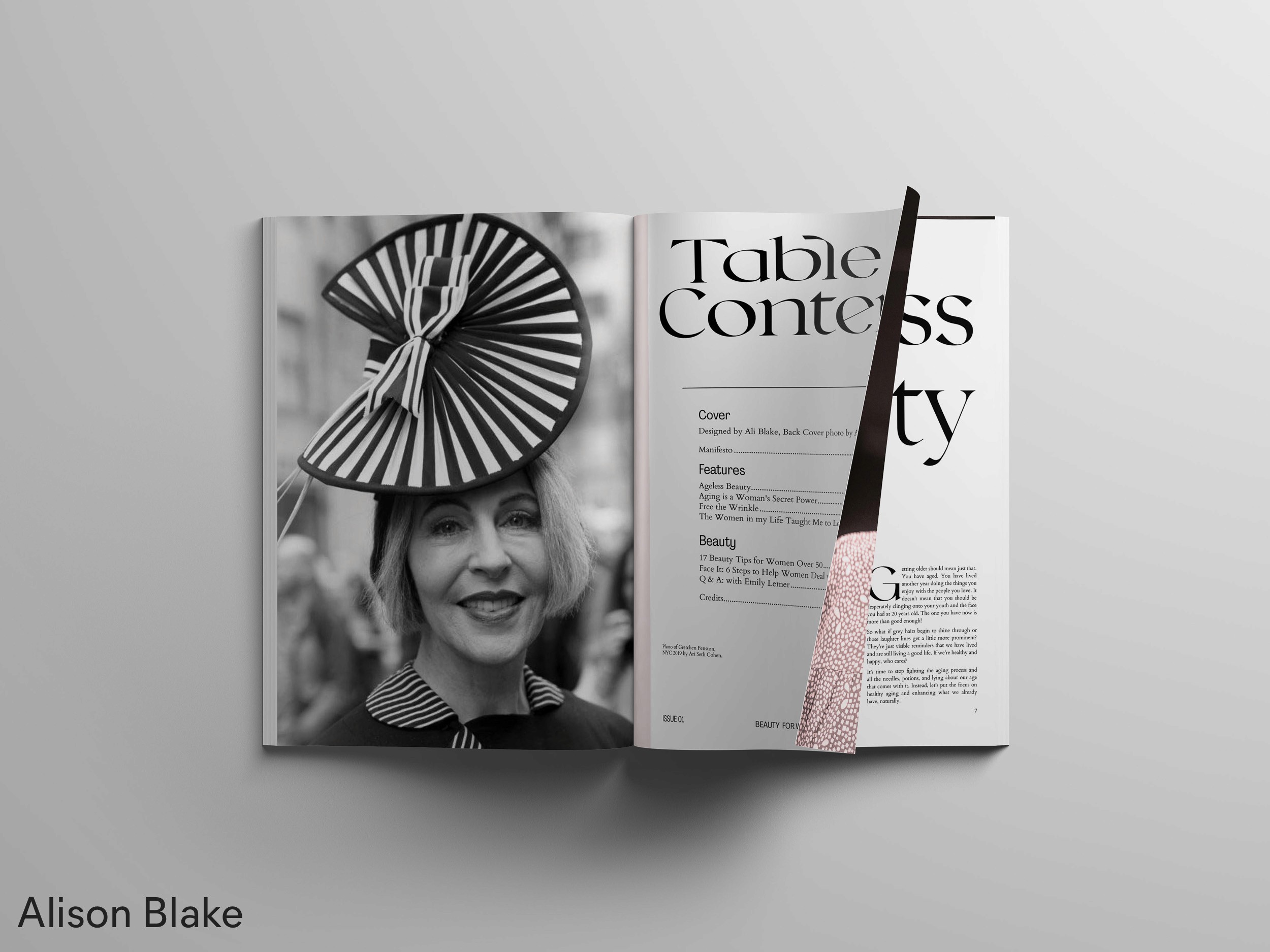 Spread of a magazine with a black and white photo of a woman and text, by Alison Blake