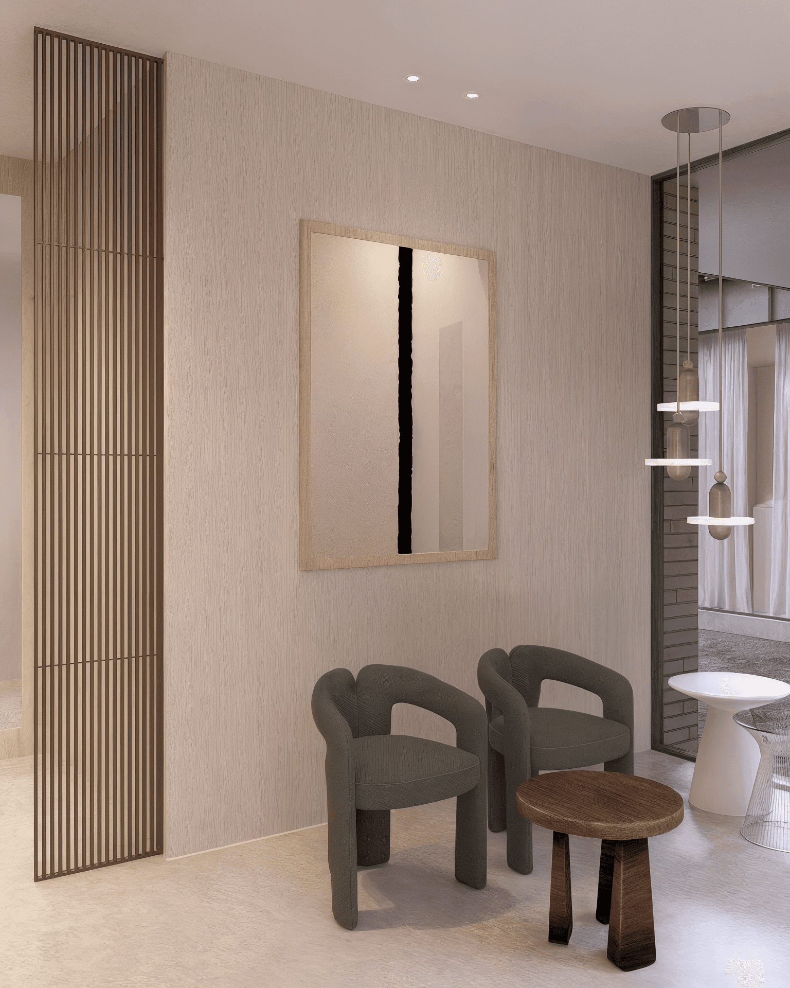 Zithoek met kunst en houten wand in interieur van villa Grayhouse