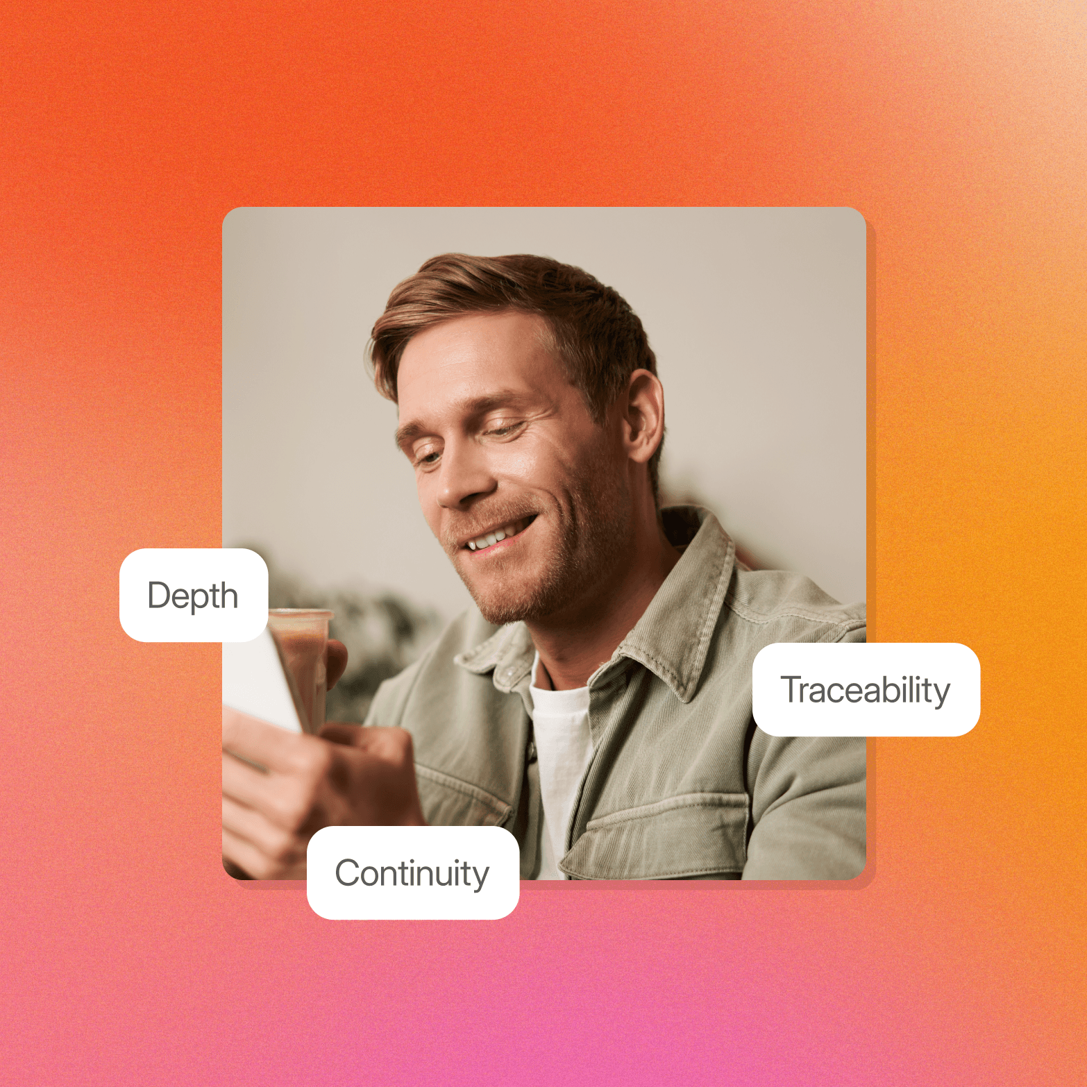 Portrait of a smiling man in an olive jacket holding a coffee and looking at a card, overlaid with three white label tags reading "Depth," "Traceability," and "Continuity."