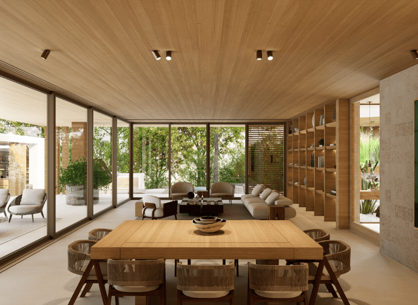 Floor-to-ceiling glazing with courtyard views and timber interior — RA House by Hurtado Arquitectos
