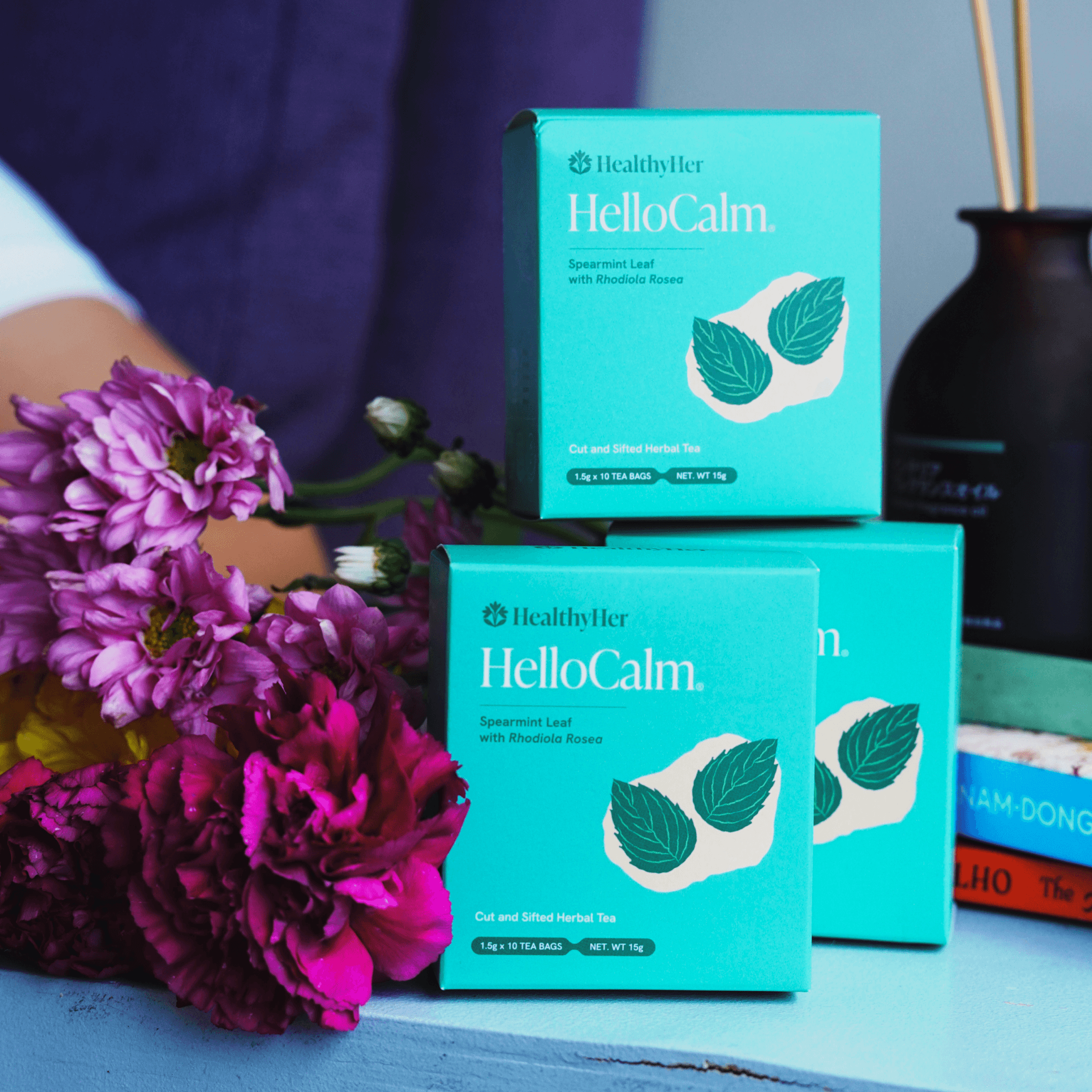 Boxes of HelloCalm are stacked on top of each other
