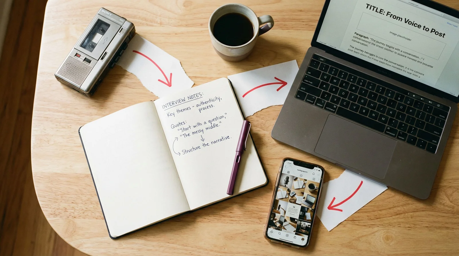 Overhead flatlay showing the content pipeline: voice recorder, interview notes notebook, laptop with blog layout, phone with Instagram grid, crimson arrows connecting each step
