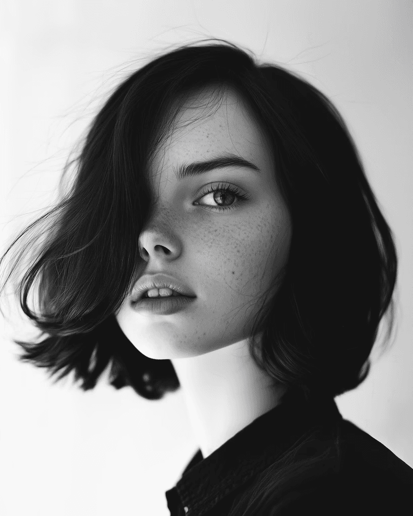 A black and white portrait of a person with short, dark hair partially covering their face, revealing a serene expression with soft lighting that emphasizes their freckles and smooth skin, creating a classic and artistic mood.