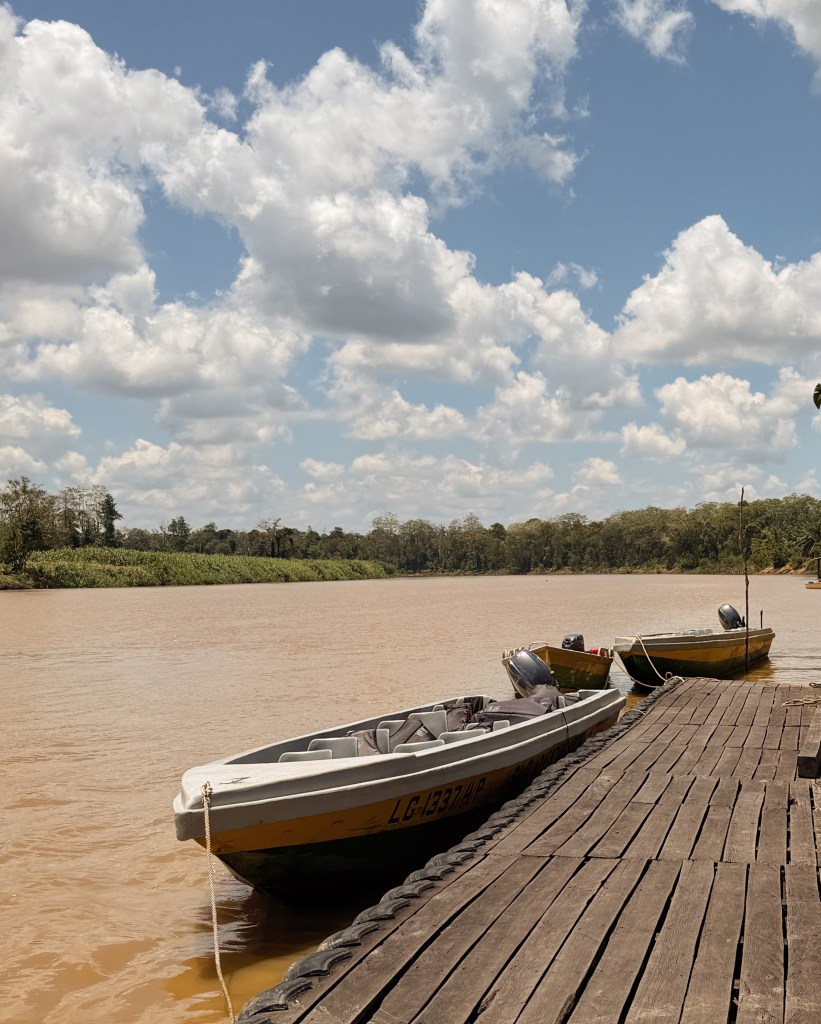 Two boats moored beside a wooden dock on a river, with a backdrop of lush greenery and a blue sky filled with fluffy white clouds.