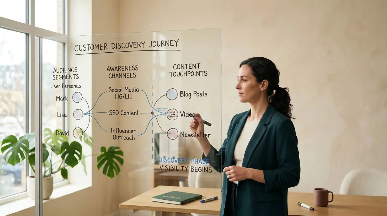 Estratega revisando un diagrama de audiencia y canales digitales que representan la fase de descubrimiento del embudo de marketing.