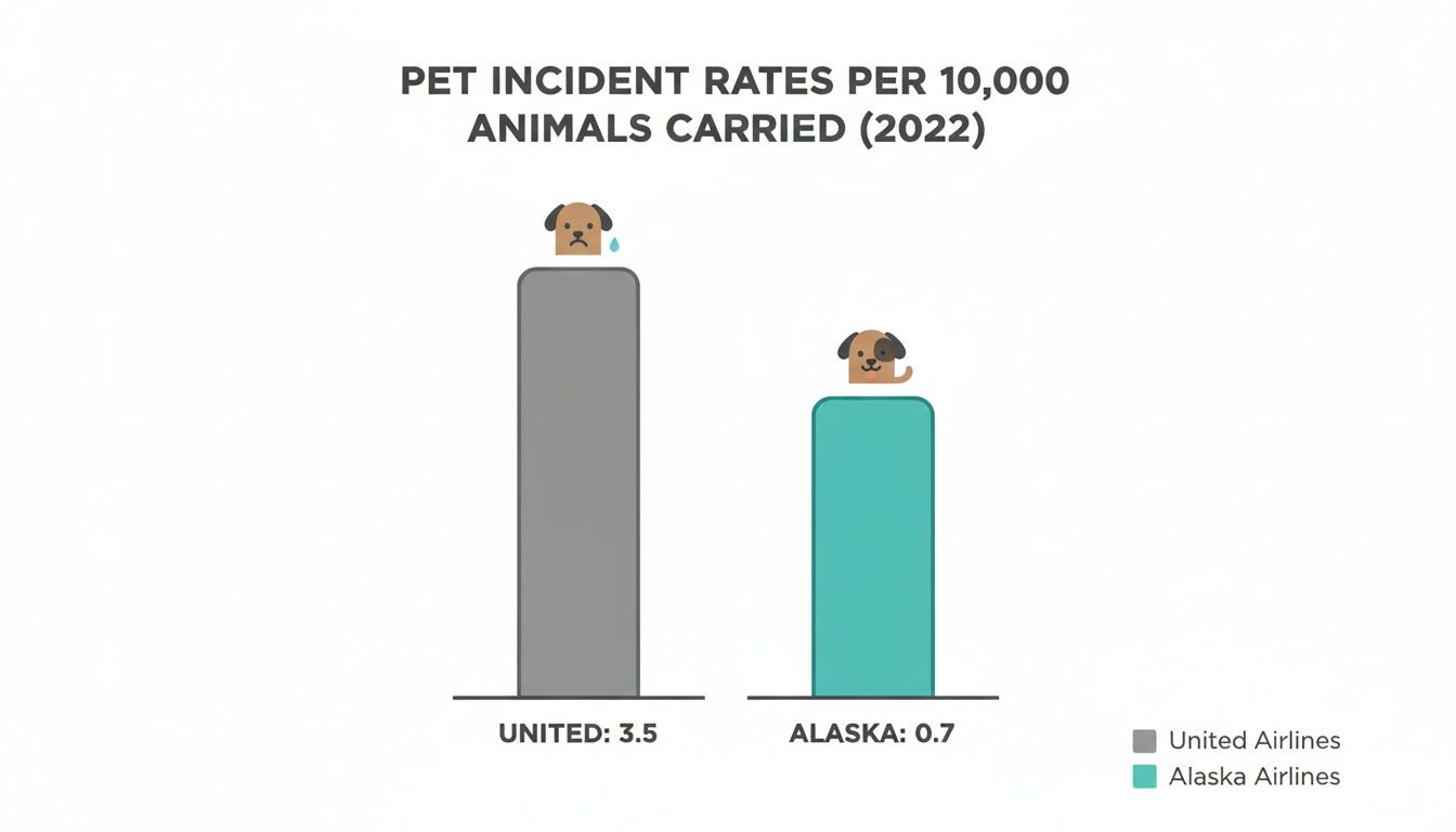 Bar chart comparing 2022 pet incident rates per 10,000 animals for United (3.5) and Alaska (0.7) Airlines.