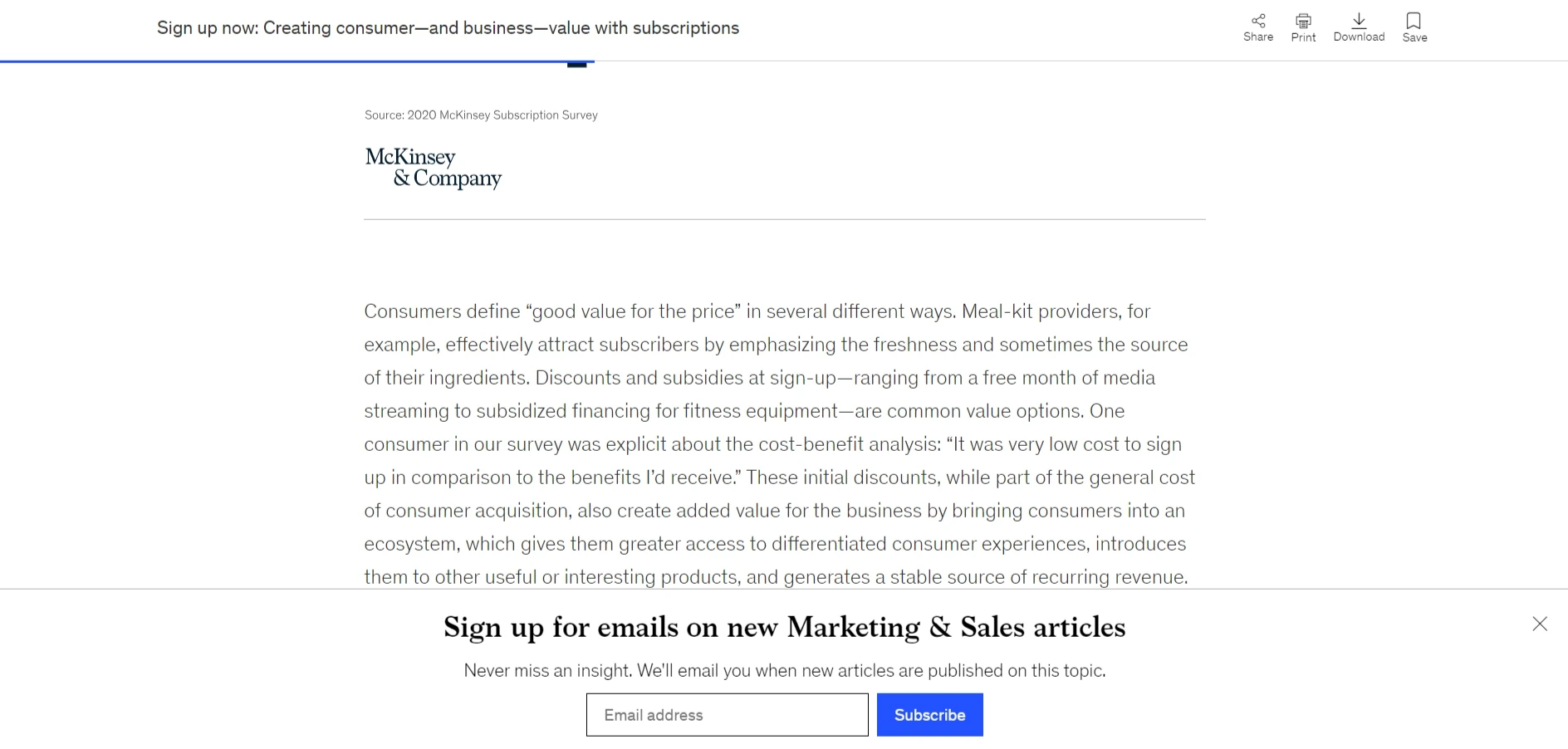 McKinsey and Company bottom floating bar popup targeting marketing and sales article updates