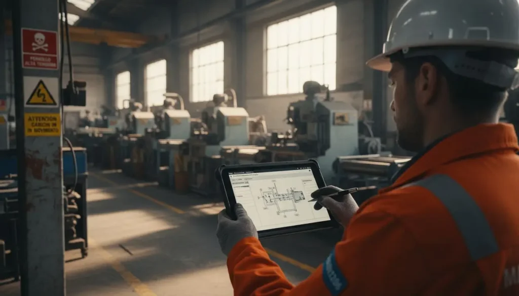 Un tecnico registra le procedure di sicurezza HSE direttamente su tablet mentre lavora in fabbrica.