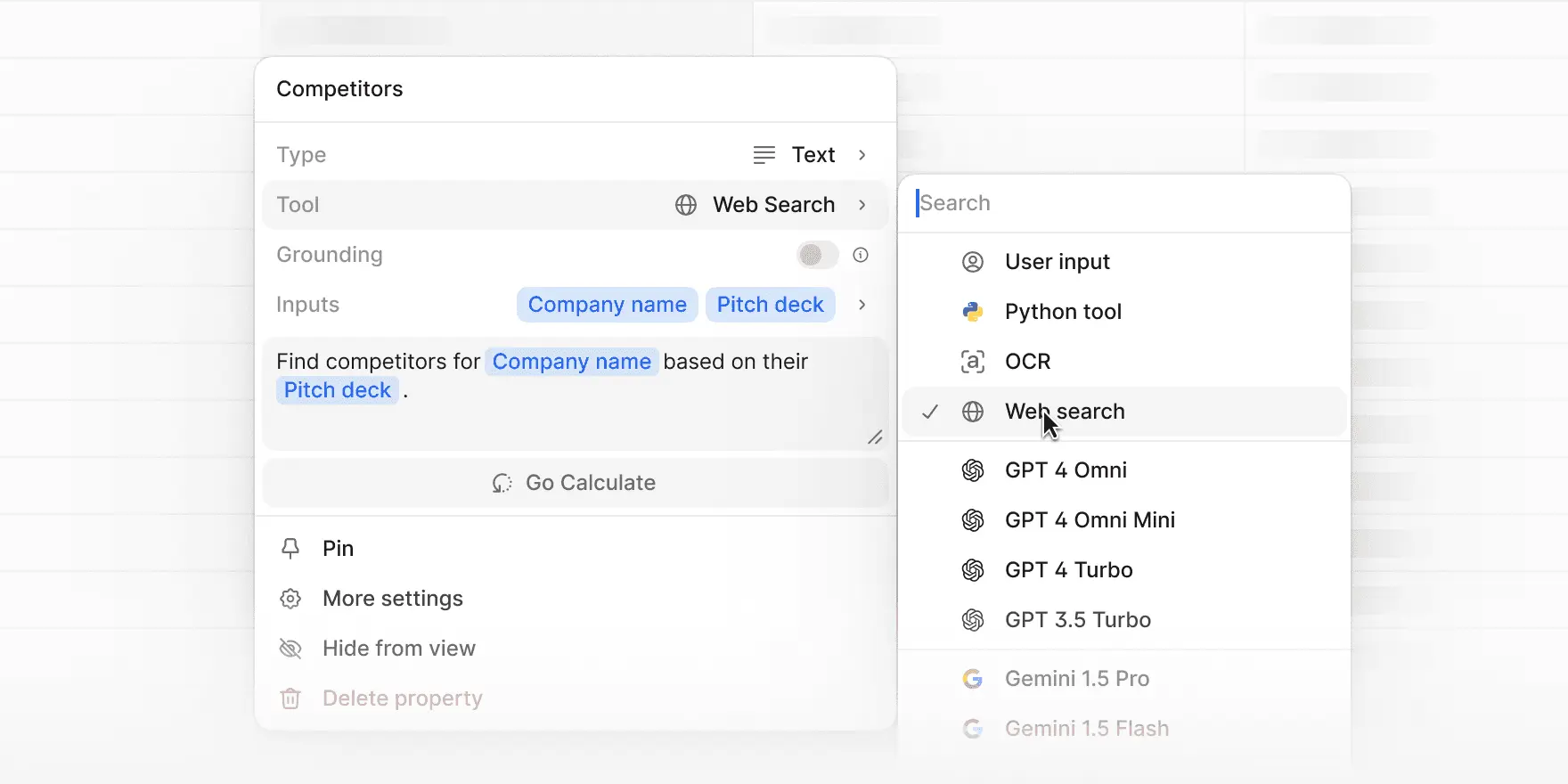Web search tool selected from a dropdown menu.