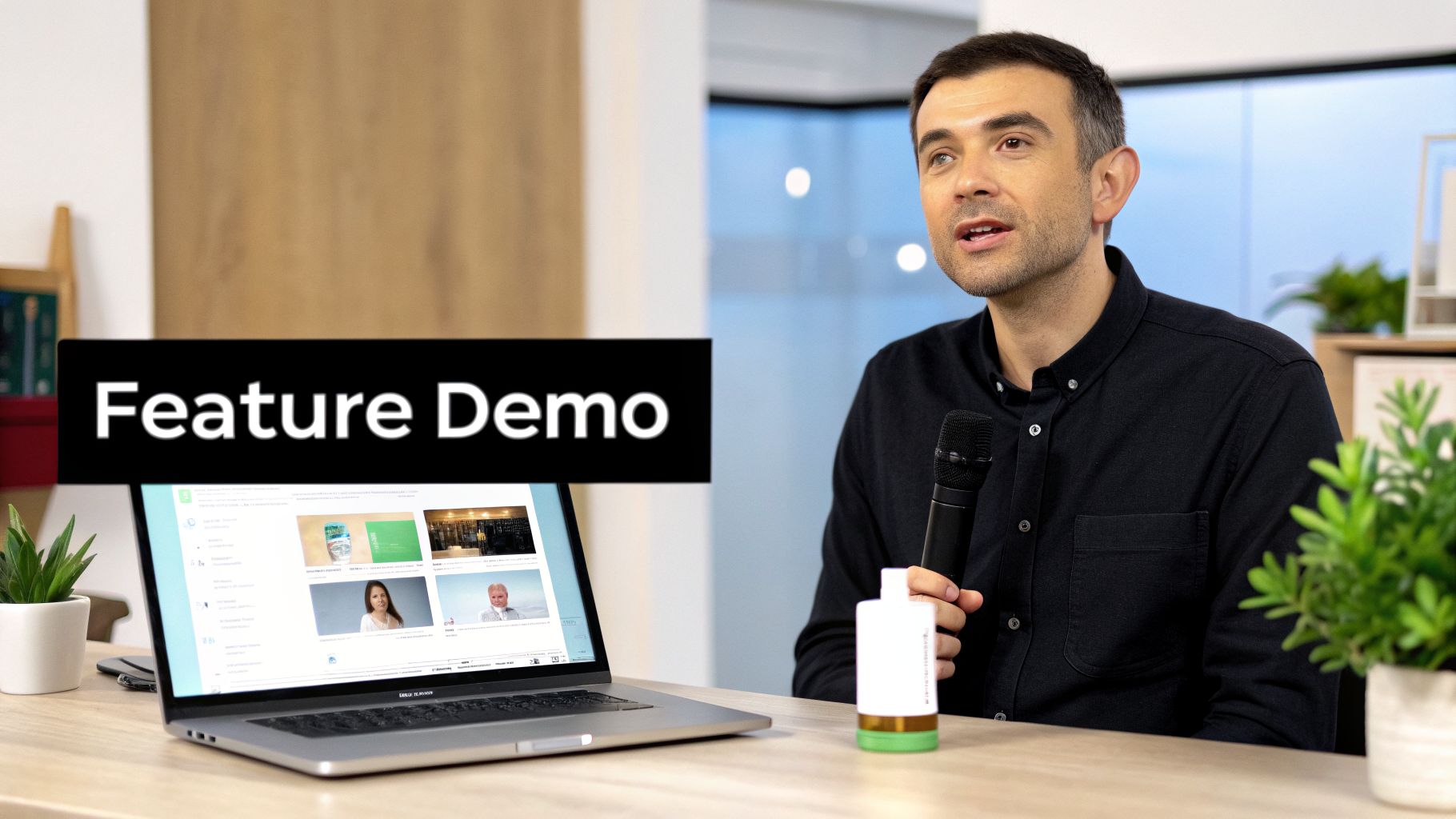 Man presents a feature demo with a laptop and microphone, showcasing content in a modern office.