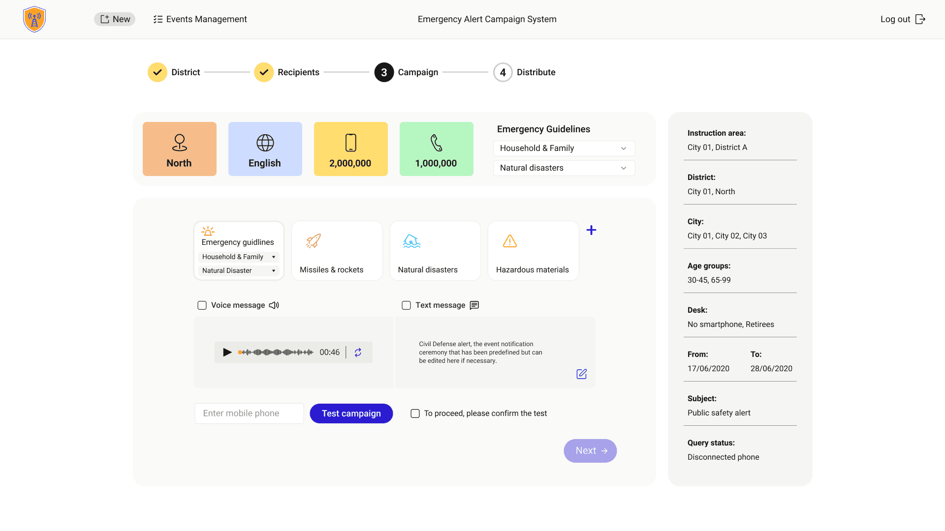 Campaign setup step with message preview, channel selection, and test confirmation.