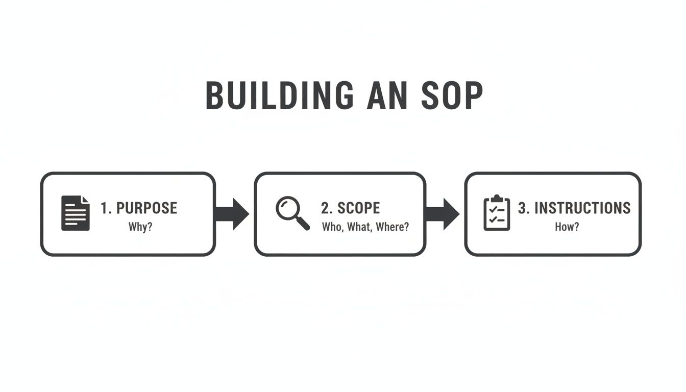 Flowchart illustrating the three essential steps for building an SOP: Purpose, Scope, and Instructions for clarity.