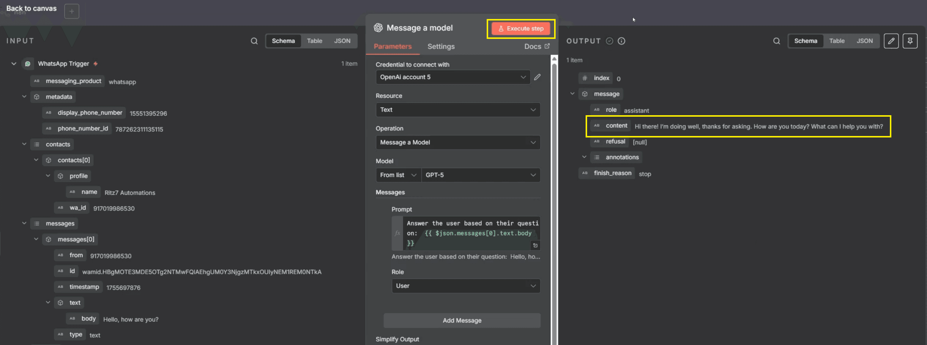 7. execute step - right side output panel can see content