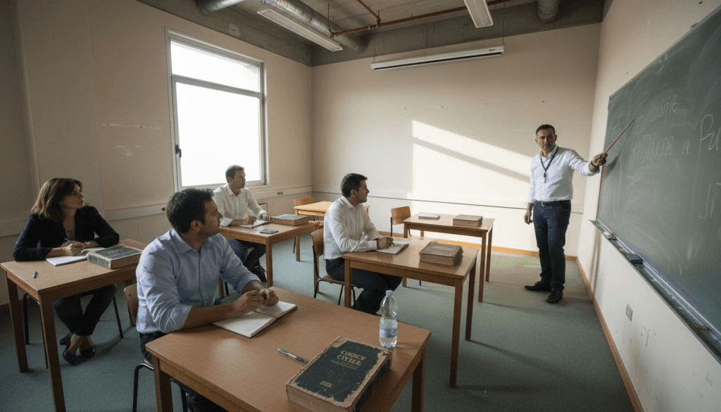 Un gruppo di persone sta partecipando a una lezione sulla sicurezza sul lavoro in aula.