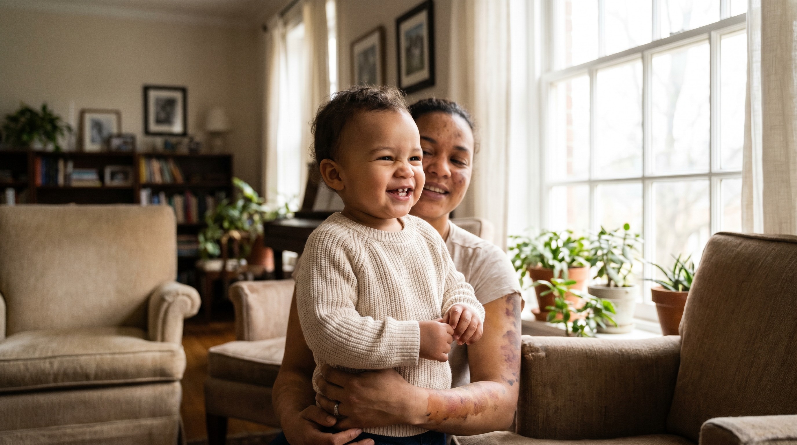 Toddler laughing in parent's arms by a window, small front teeth visible
