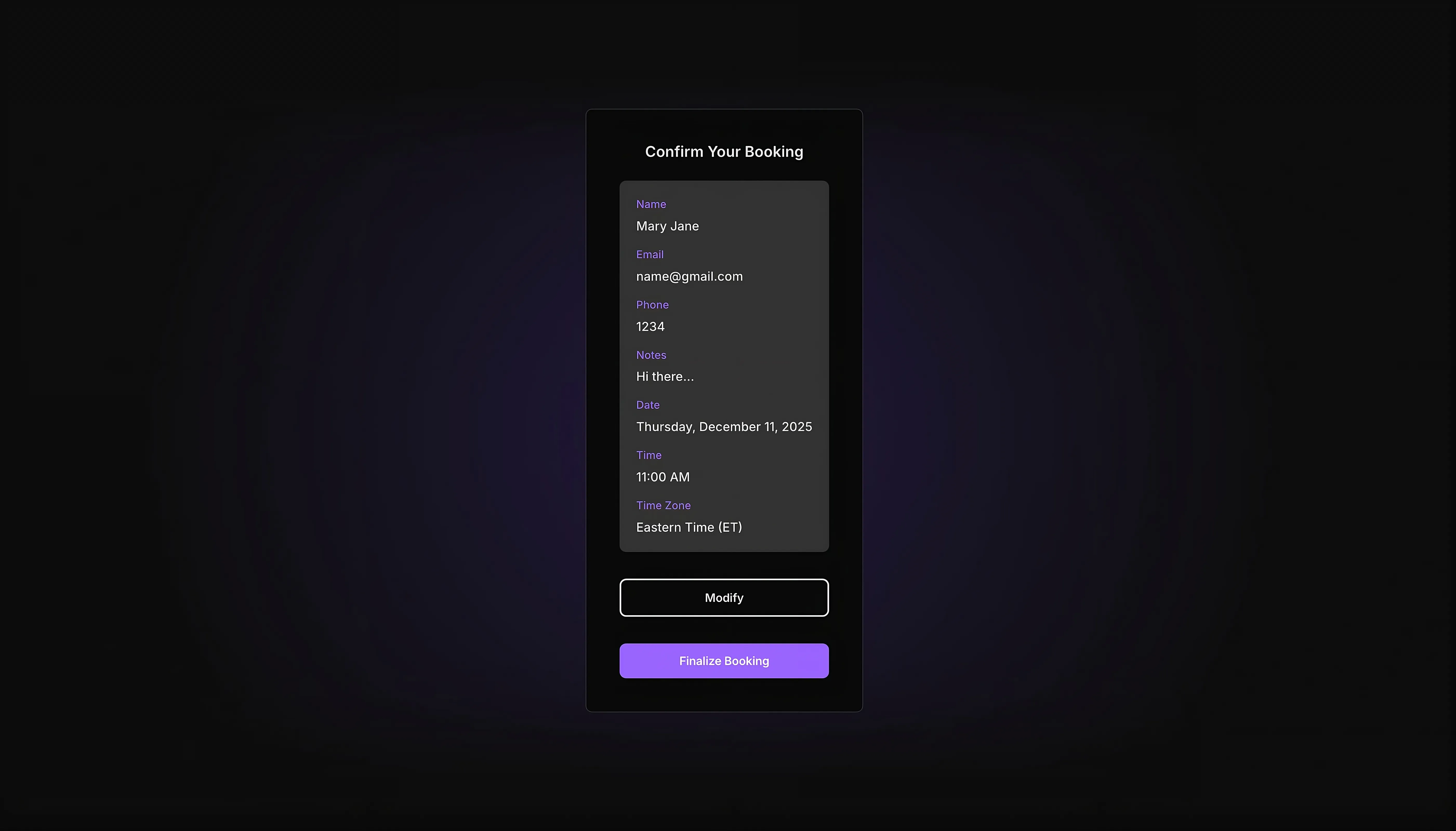 a dark themed appointment confirmation interface