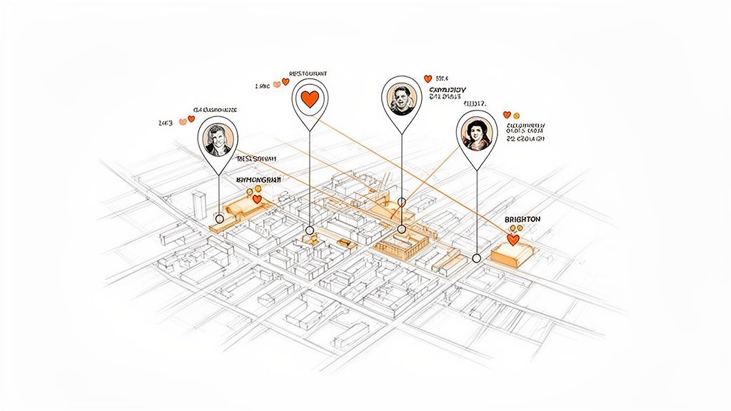 An isometric city map with multiple orange-highlighted buildings, marked by location pins, user profiles, and restaurant icons.